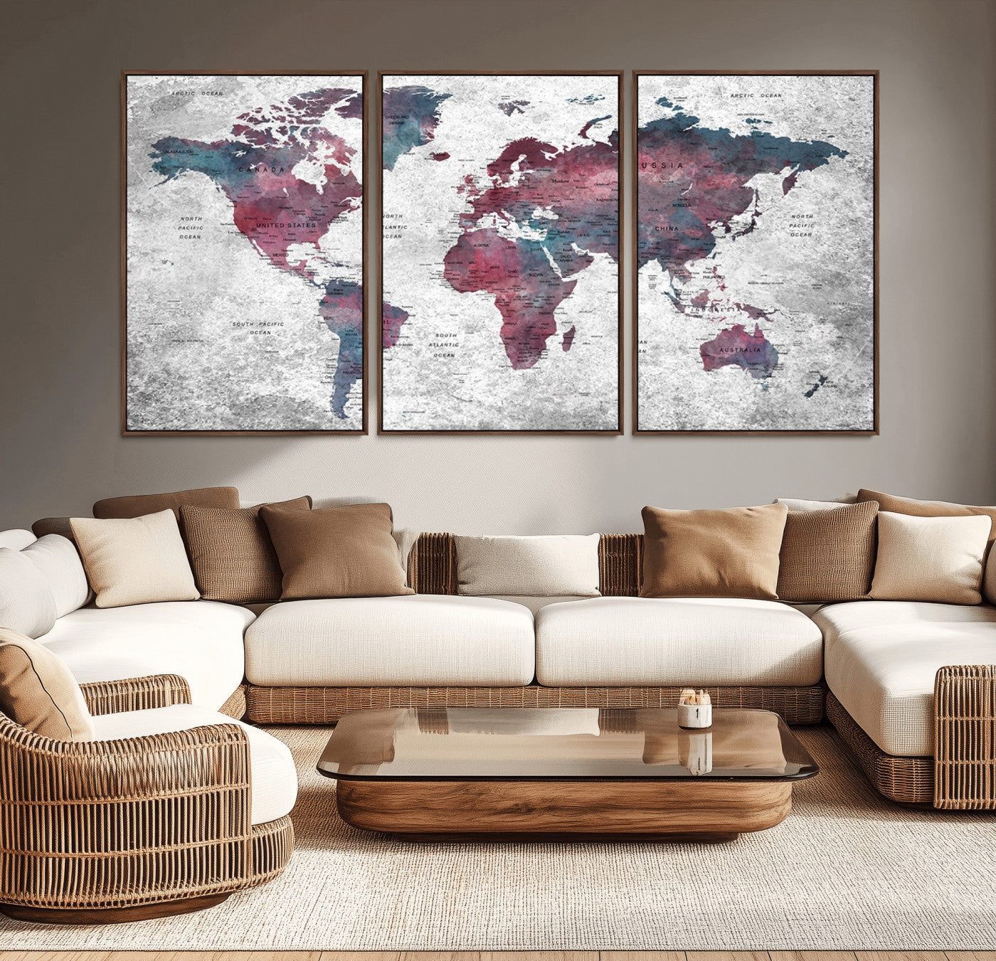 -Modern Red and Gray World Map Canvas Print – Framed Push Pin Wall Art for Couples, Contemporary Travel Map Artwork for Home and Office Decor
