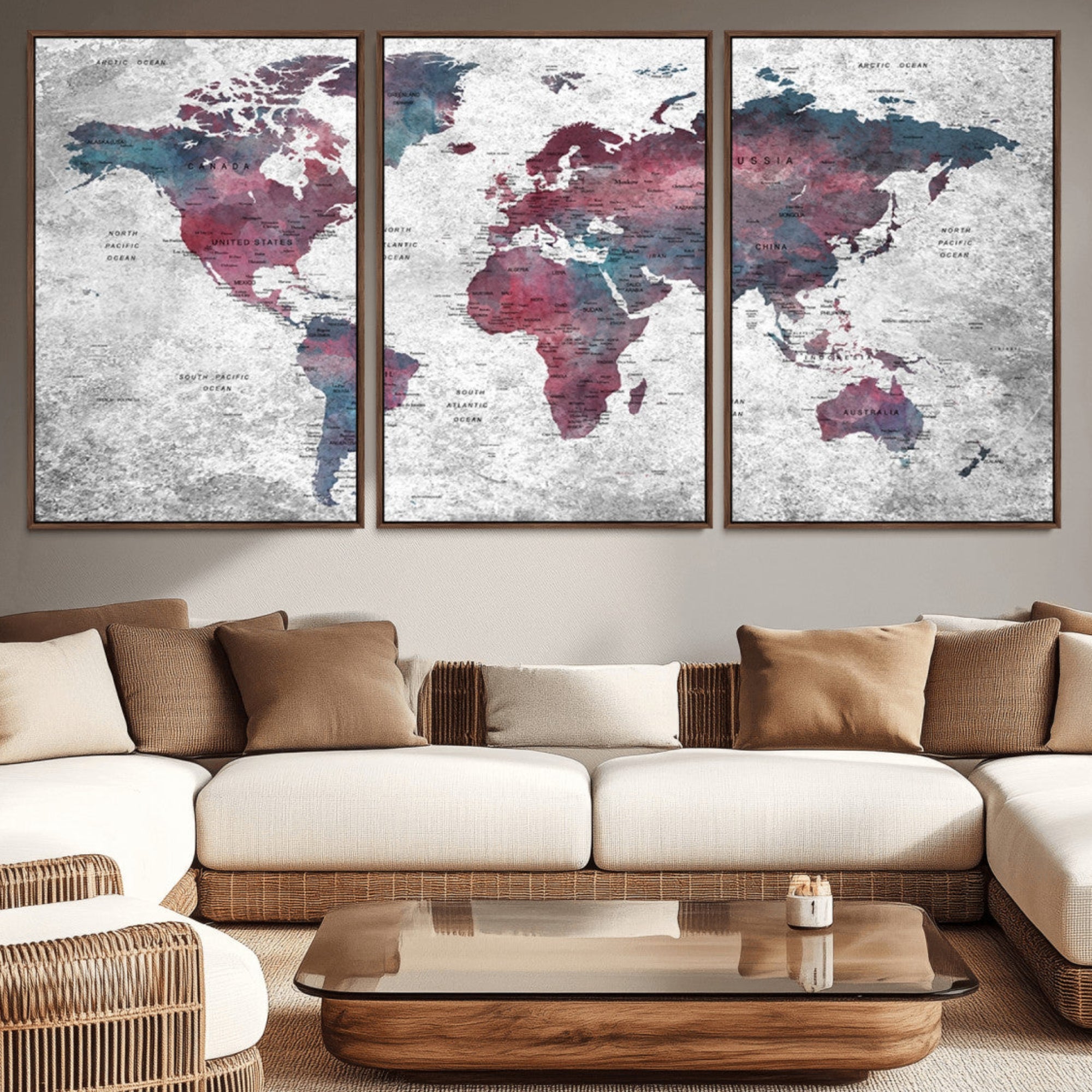 38212-MGV-CV-36X24-Modern Red and Gray World Map Canvas Print – Framed Push Pin Wall Art for Couples, Contemporary Travel Map Artwork for Home and Office Decor