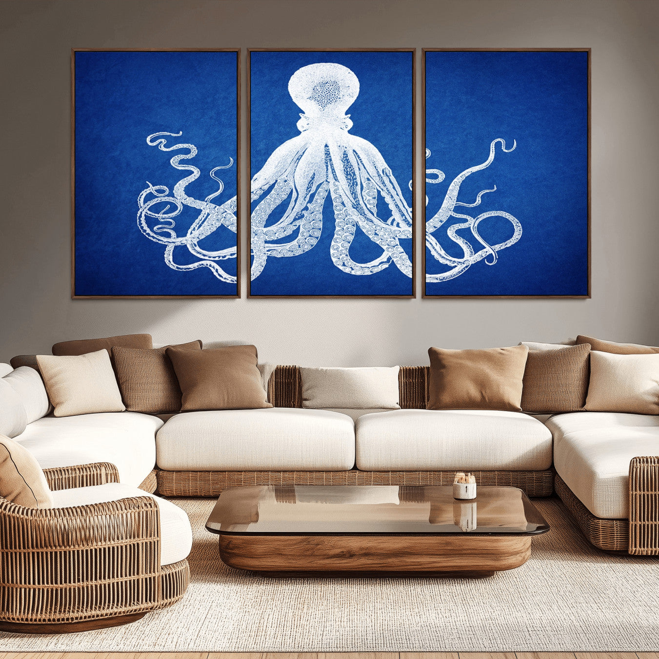 67315-MGV-CV-36X24-Large 3-Panel Blue Octopus Canvas Wall Art | Coastal Marine Life Artwork for Living Room, Bedroom,
