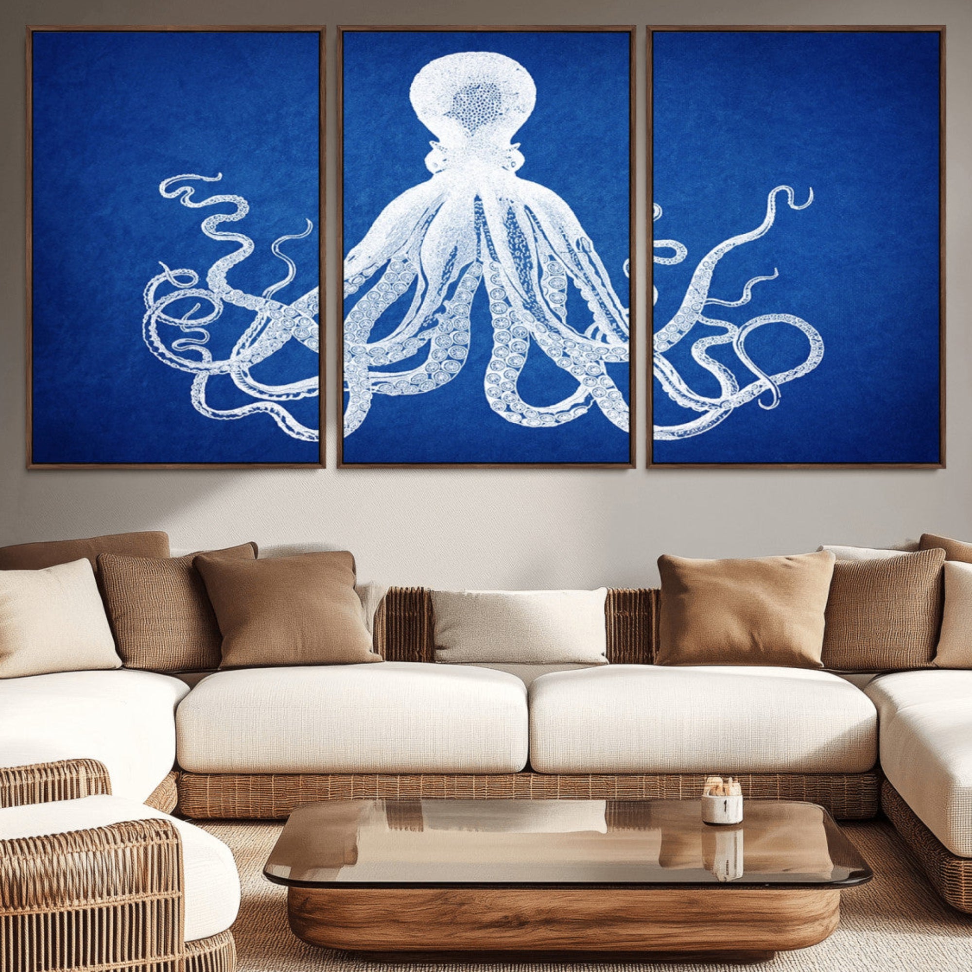 67315-MGV-CV-36X24-Large 3-Panel Blue Octopus Canvas Wall Art | Coastal Marine Life Artwork for Living Room, Bedroom,