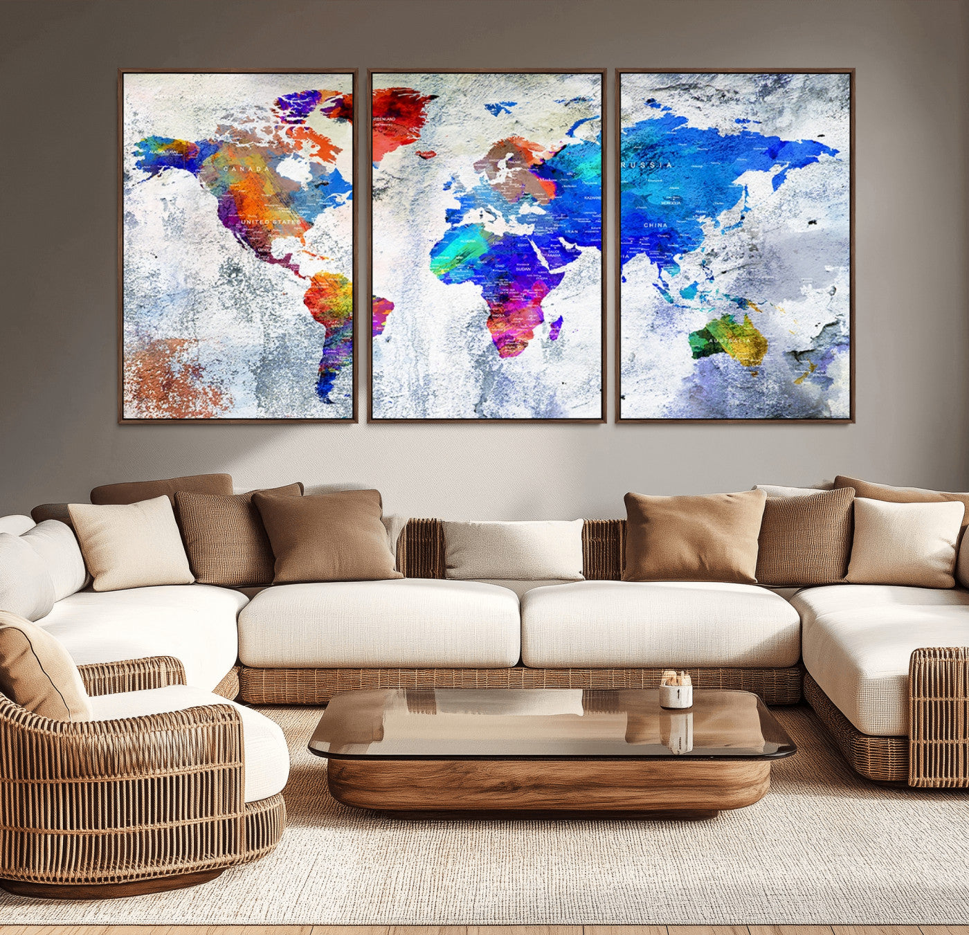 -World Map Canvas Print – Colorful Abstract Push Pin Travel Map, Framed Wall Art for Home or Office Decor