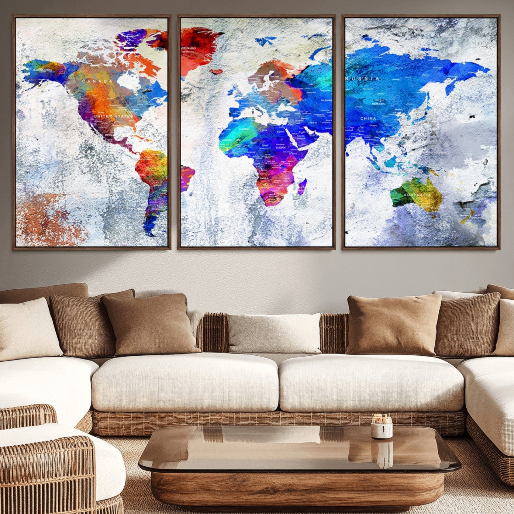 27352-MGV-CV-36X24-World Map Canvas Print – Colorful Abstract Push Pin Travel Map, Framed Wall Art for Home or Office Decor