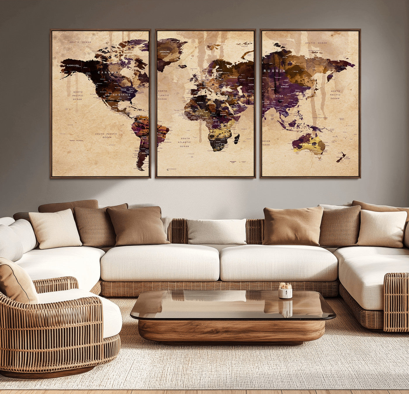 -Vintage World Map Canvas Wall Art – Framed Push Pin Travel Map for Home and Office Decor