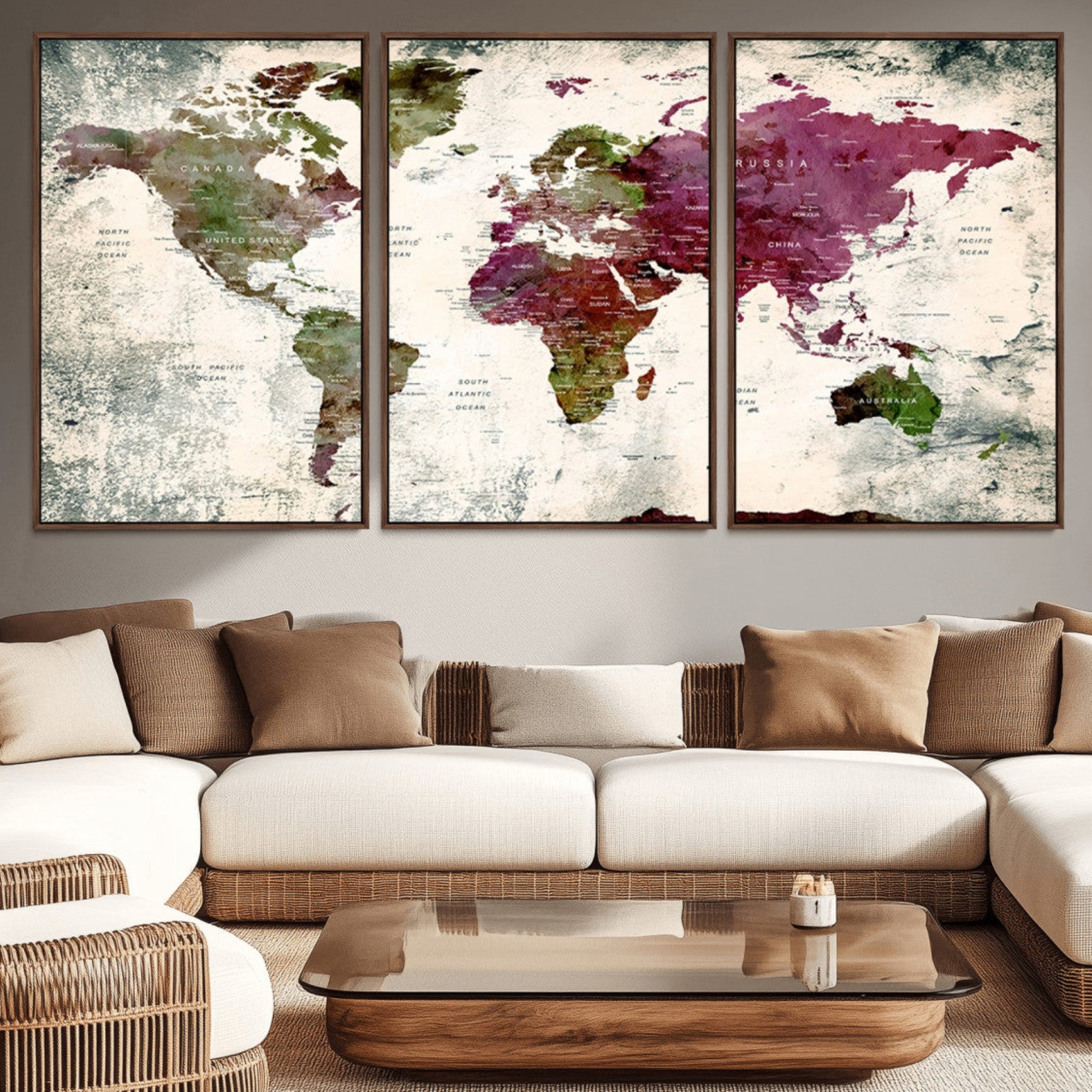 39882-MGV-CV-36X24-Vintage Watercolor Push Pin World Map Canvas – Framed Travel Wall Art for Home and Office Decor