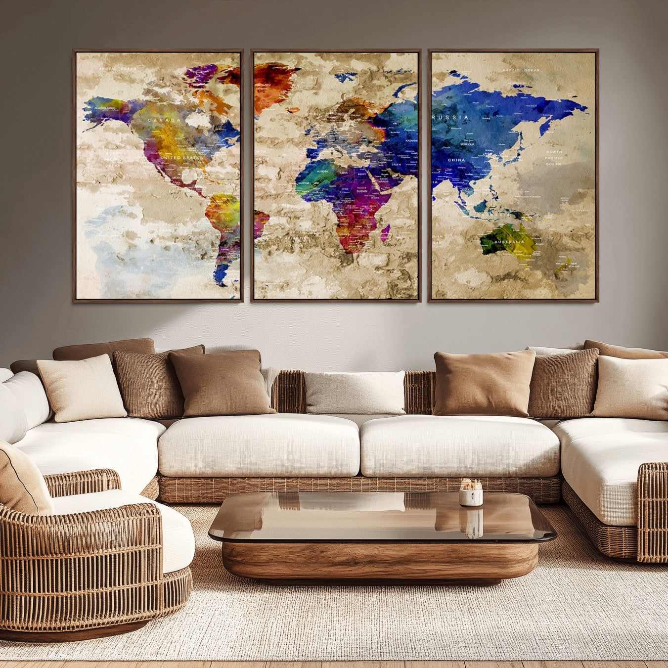 92939-MGV-CV-36X24-Colorful World Map Canvas Wall Art – Abstract Watercolor Map Print, Modern Travel Decor for Home Office or Study