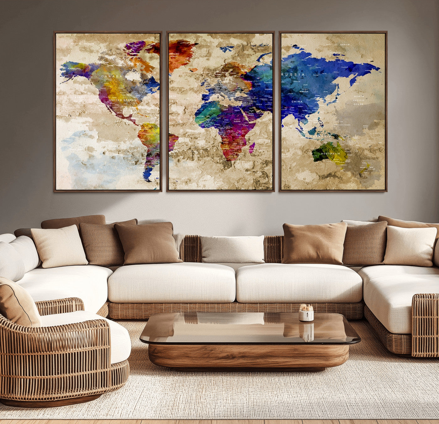 92939-MGV-CV-36X24-Colorful World Map Canvas Wall Art – Abstract Watercolor Map Print, Modern Travel Decor for Home Office or Study