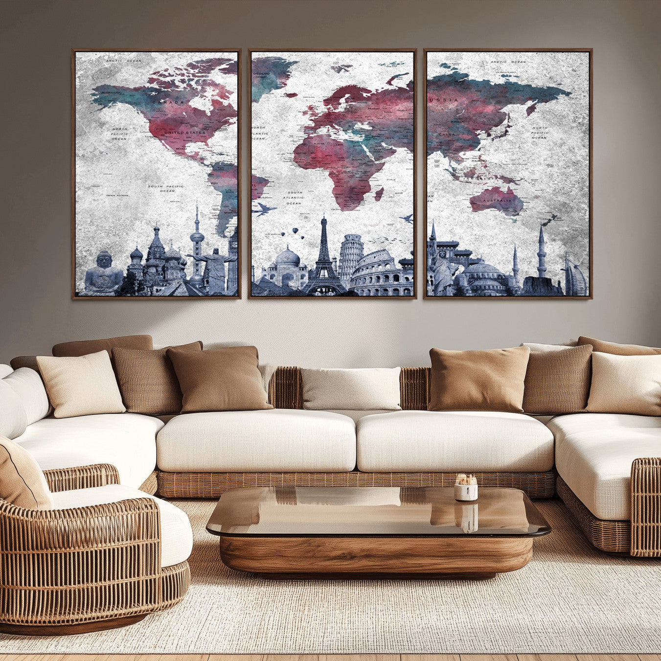 -World Map Canvas Wall Art with Famous Landmarks – Framed Travel Map Print for Home and Office Decor, Perfect Gift for Travel Lovers