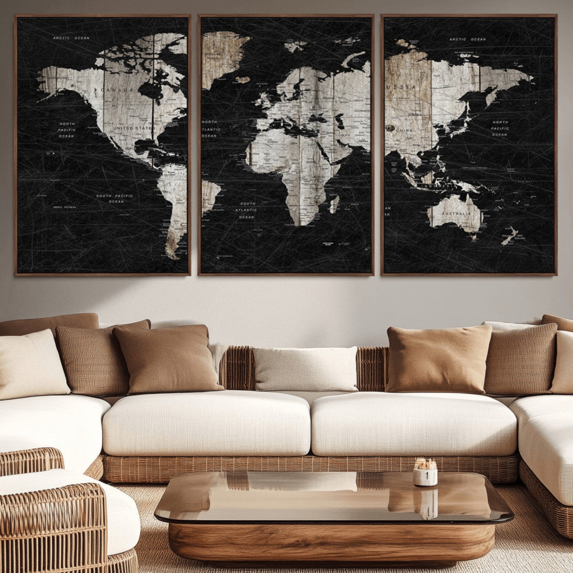 89998-MGV-CV-36X24-Rustic Black and Wood World Map Canvas Wall Art – Framed Push Pin Travel Map for Home and Office Decor, Modern Vintage Wall Artwork
