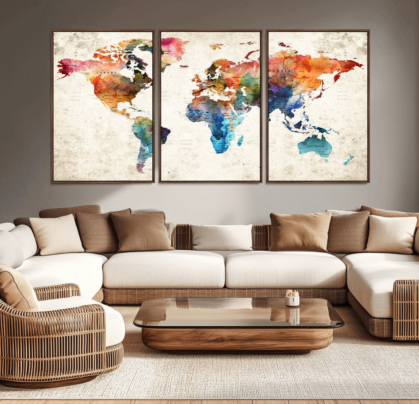 -Personalized World Map Canvas Print – Colorful Watercolor Push Pin Travel Map, Framed Wall Art for Home or Office Decor
