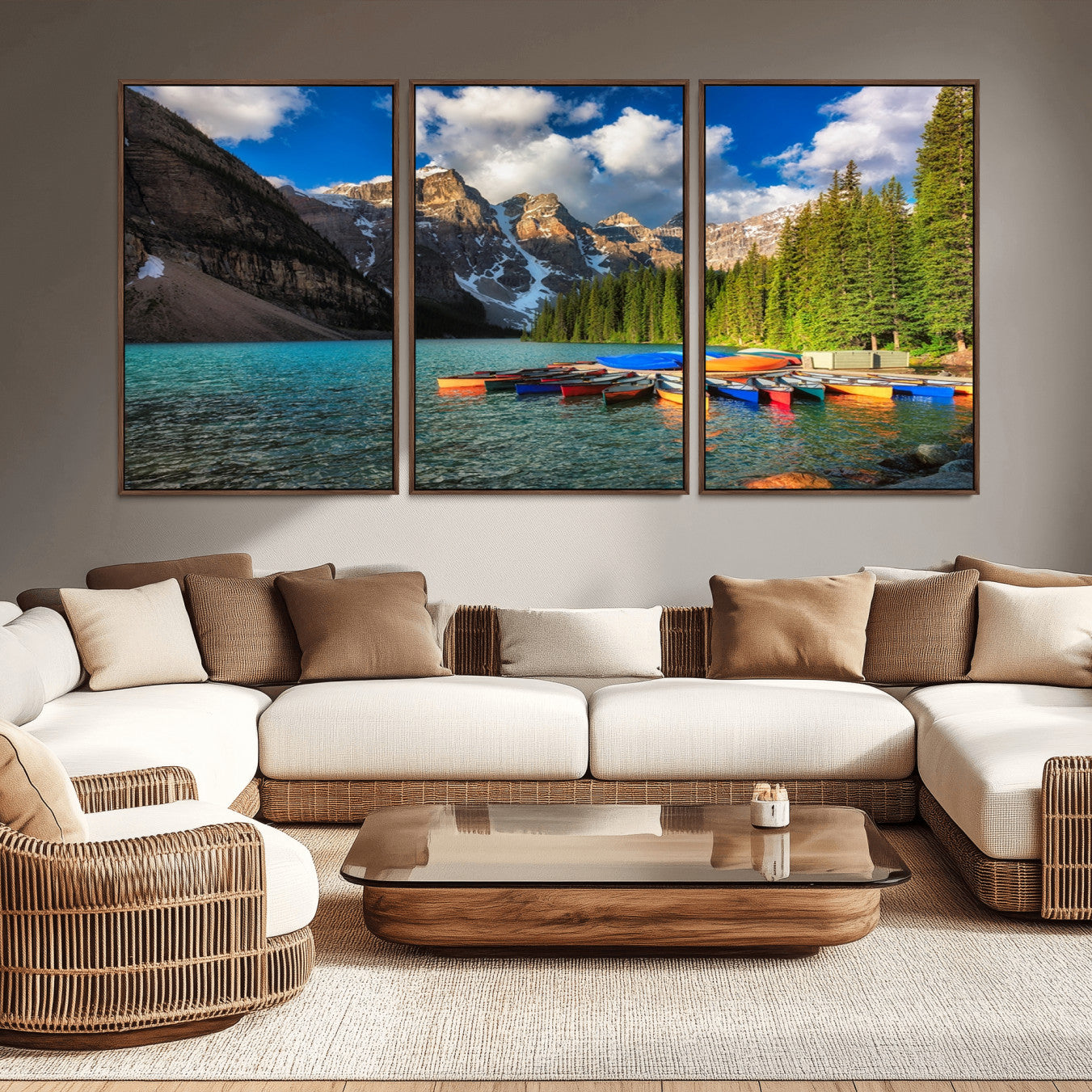 -Moraine Lake 3-Panel Wall Art, Majestic Mountain and Lake Landscape Canvas Print Canoes on Moraine