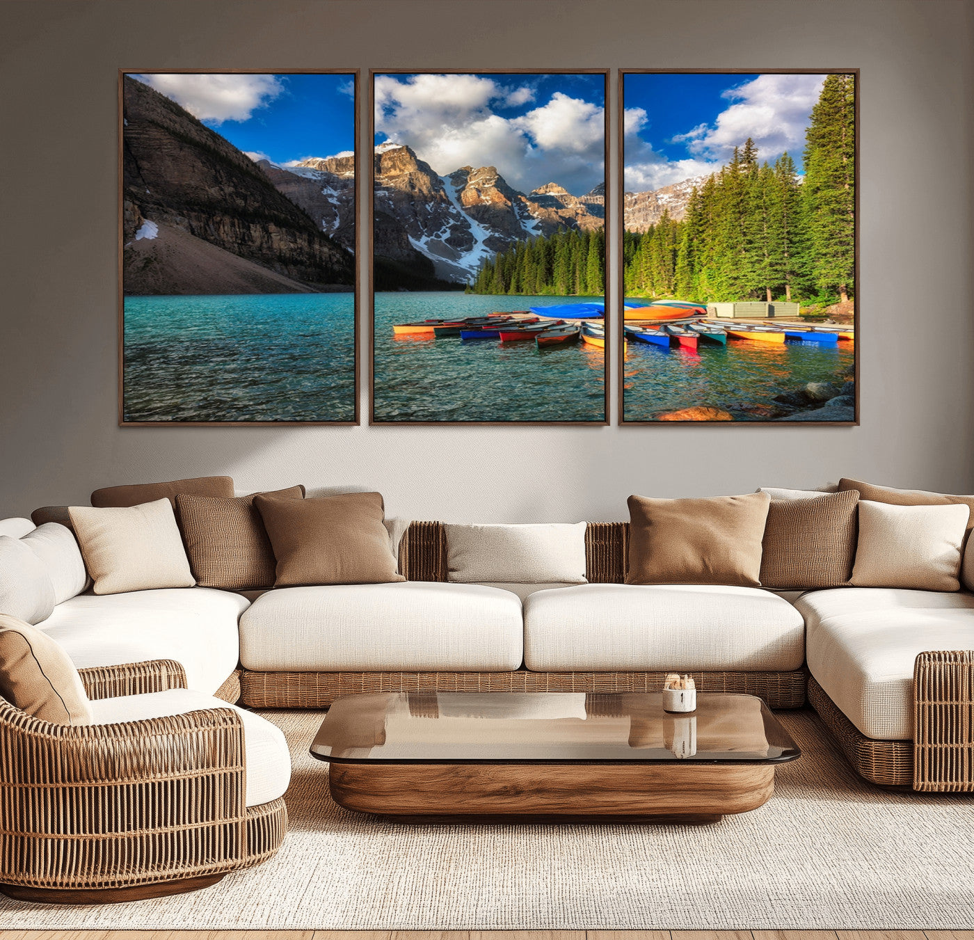 -Moraine Lake 3-Panel Wall Art, Majestic Mountain and Lake Landscape Canvas Print Canoes on Moraine