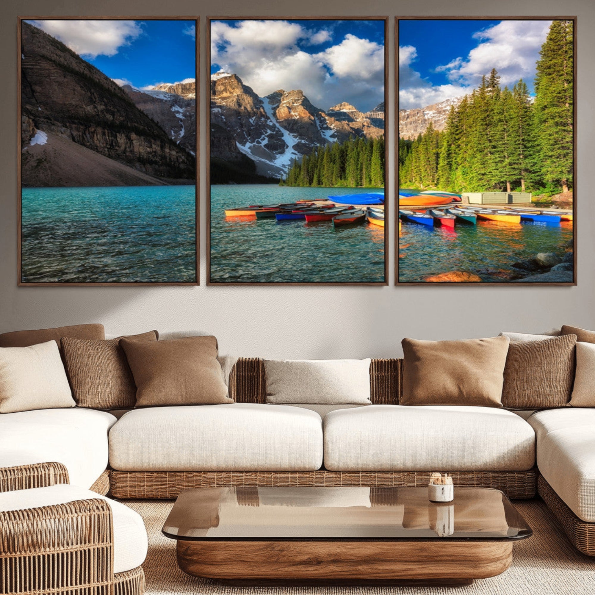 87658-MGV-CV-36X24-Moraine Lake 3-Panel Wall Art, Majestic Mountain and Lake Landscape Canvas Print Canoes on Moraine