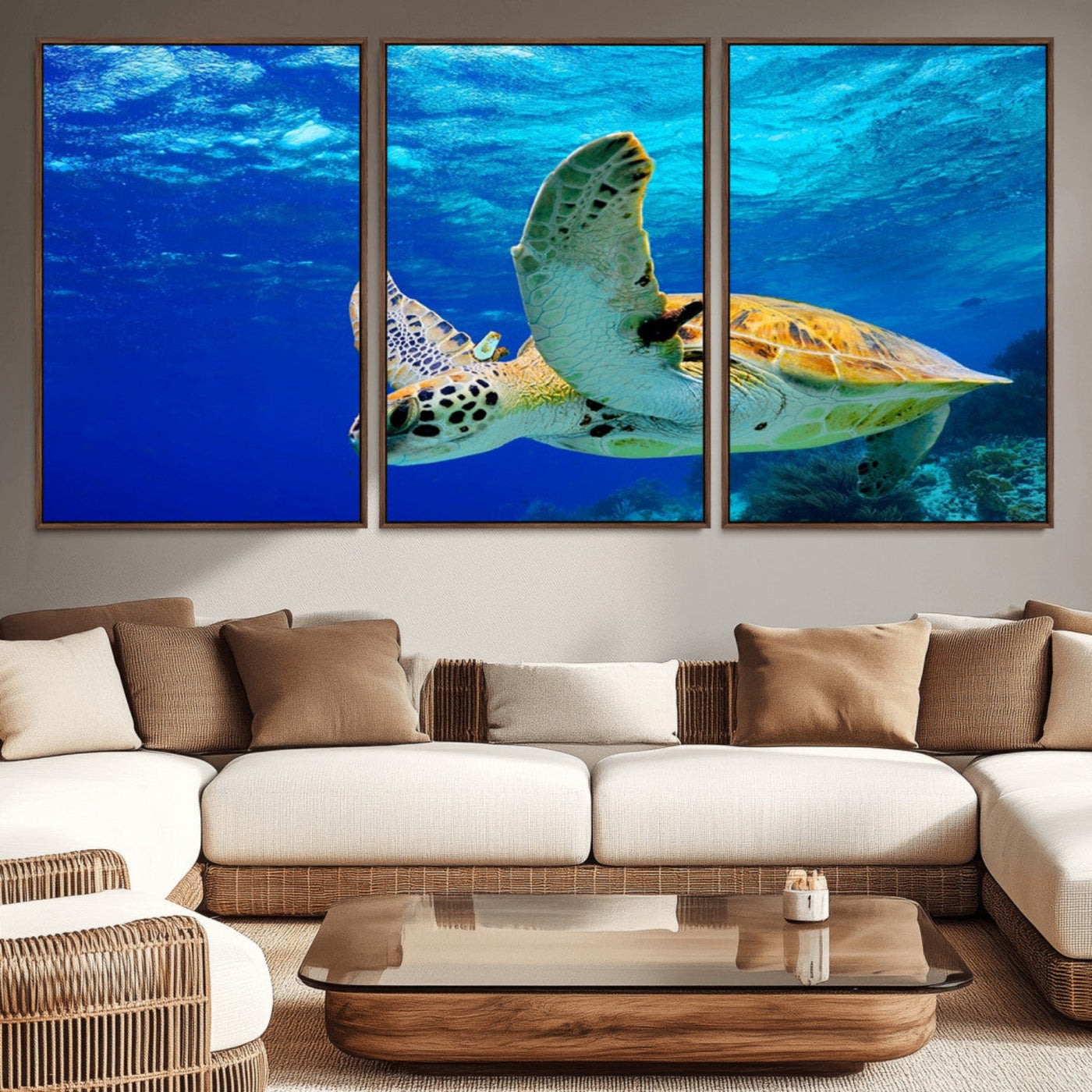 16292-MGV-FC-60X30-3P_Walnut-Sea Turtle Wall Art Canvas Print, Sea life in the Ocean Wall Art Printing