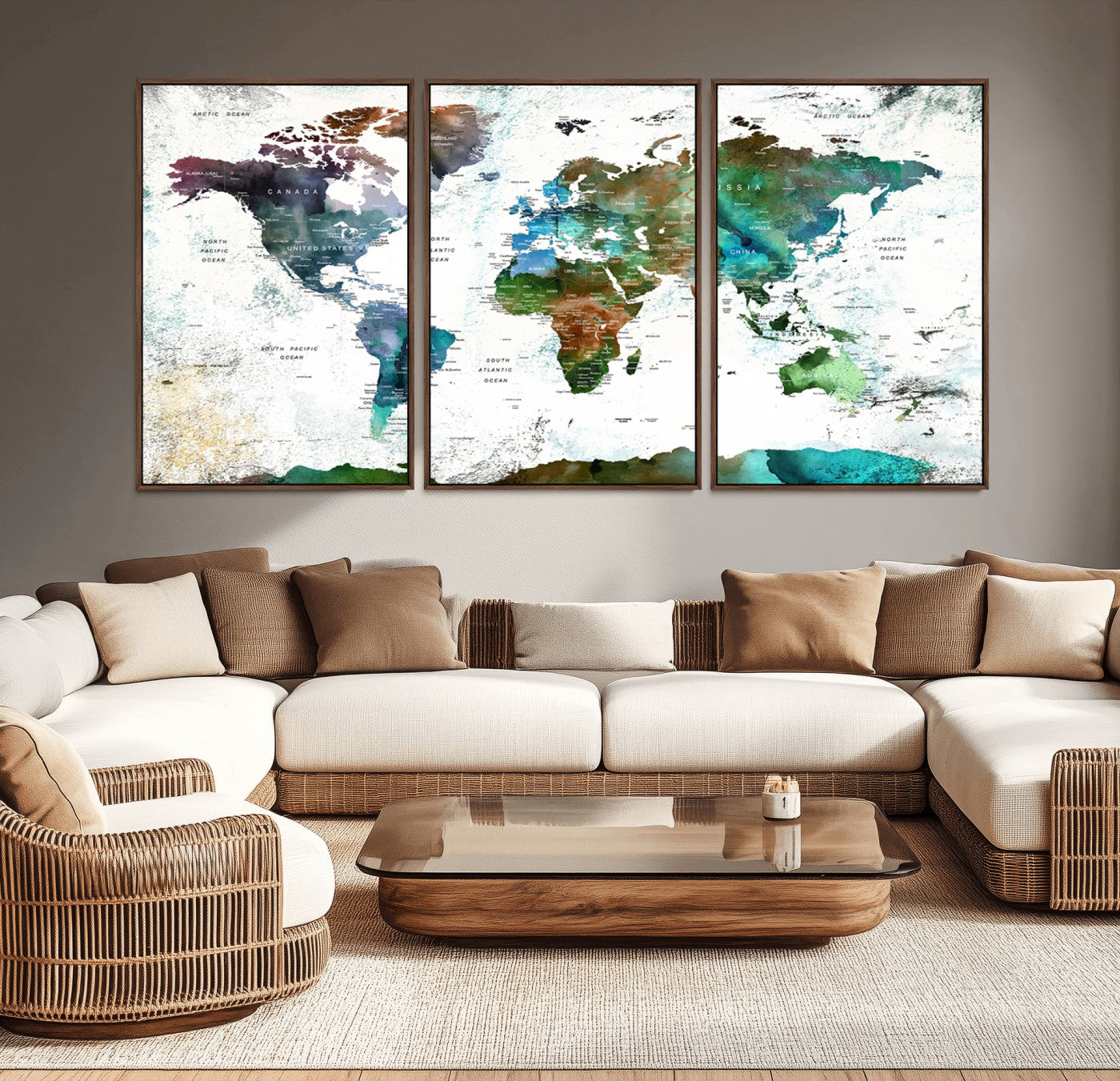 -Modern Watercolor World Map Canvas Wall Art – Framed Abstract Map Print, Contemporary Travel Artwork for Elegant Home and Office Decor