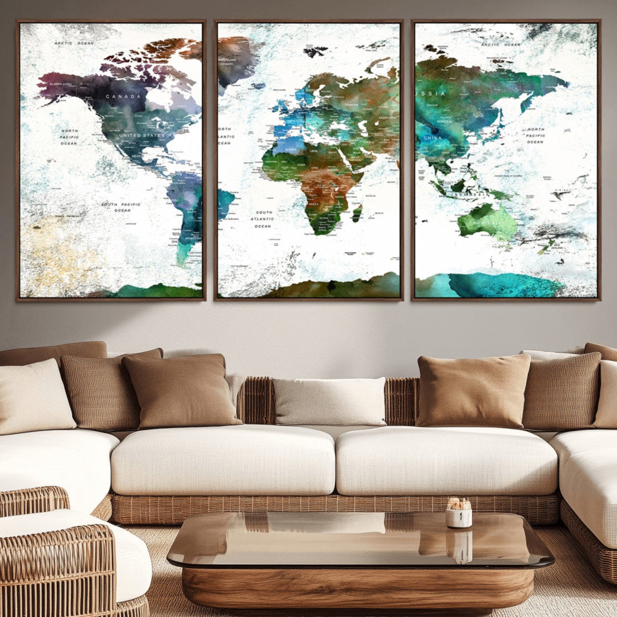13140-MGV-CV-36X24-Modern Watercolor World Map Canvas Wall Art – Framed Abstract Map Print, Contemporary Travel Artwork for Elegant Home and Office Decor