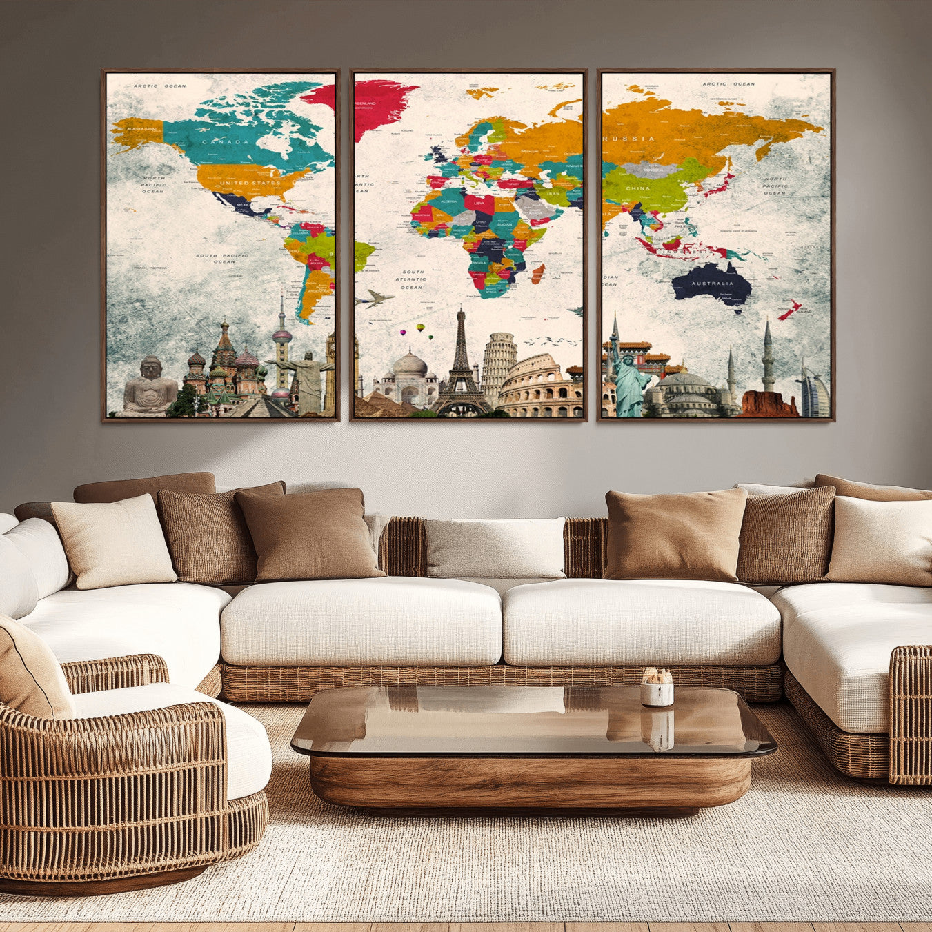 98056-MGV-CV-36X24-Colorful World Map Canvas Wall Art with Landmarks – Framed Travel Map Print for Home and Office Decor, Perfect Gift for Travel Lovers
