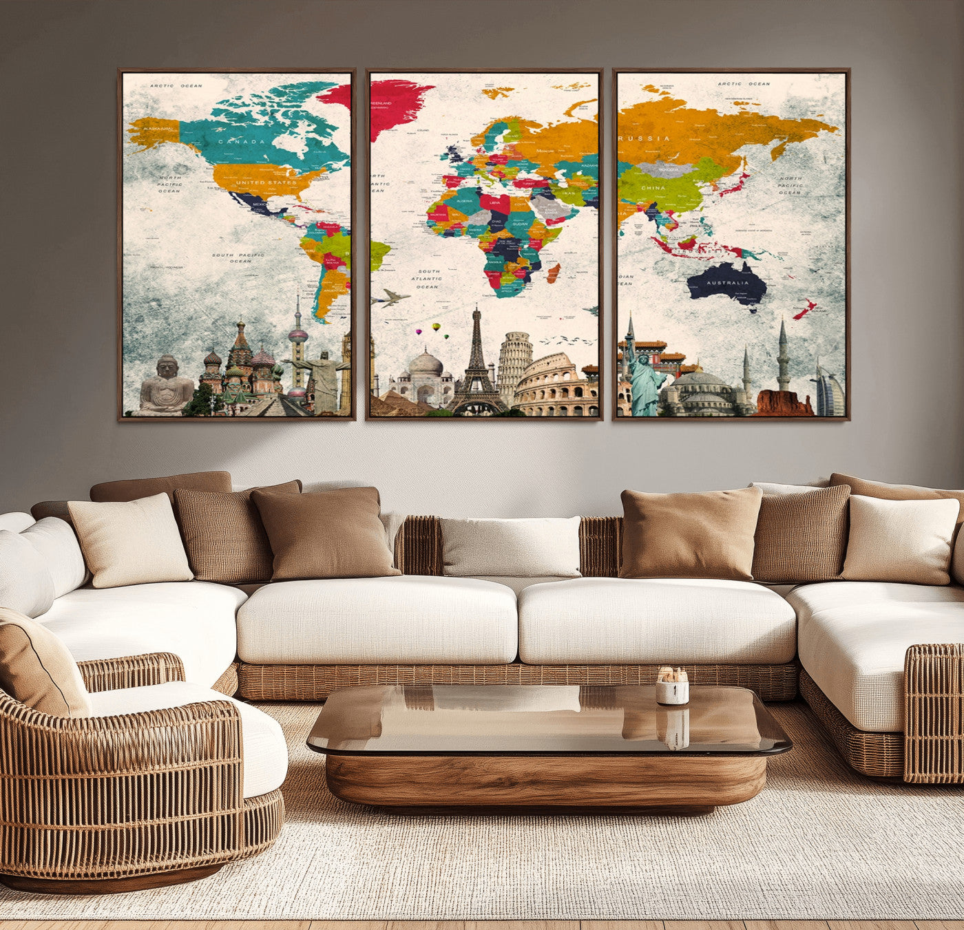 98056-MGV-CV-36X24-Colorful World Map Canvas Wall Art with Landmarks – Framed Travel Map Print for Home and Office Decor, Perfect Gift for Travel Lovers