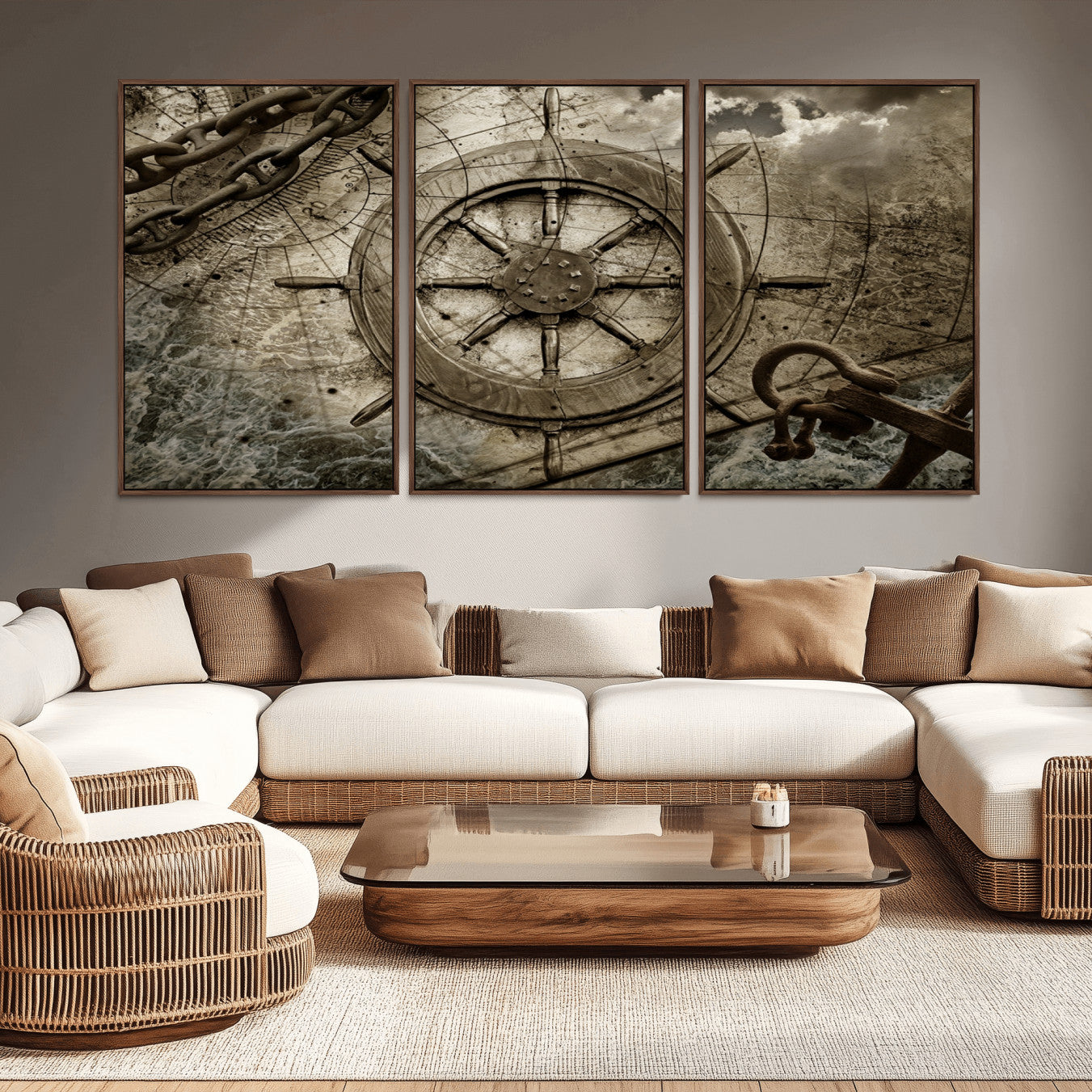 -Wooden Ship Wheel Canvas Print, Multi Panel Canvas Wall Art Print