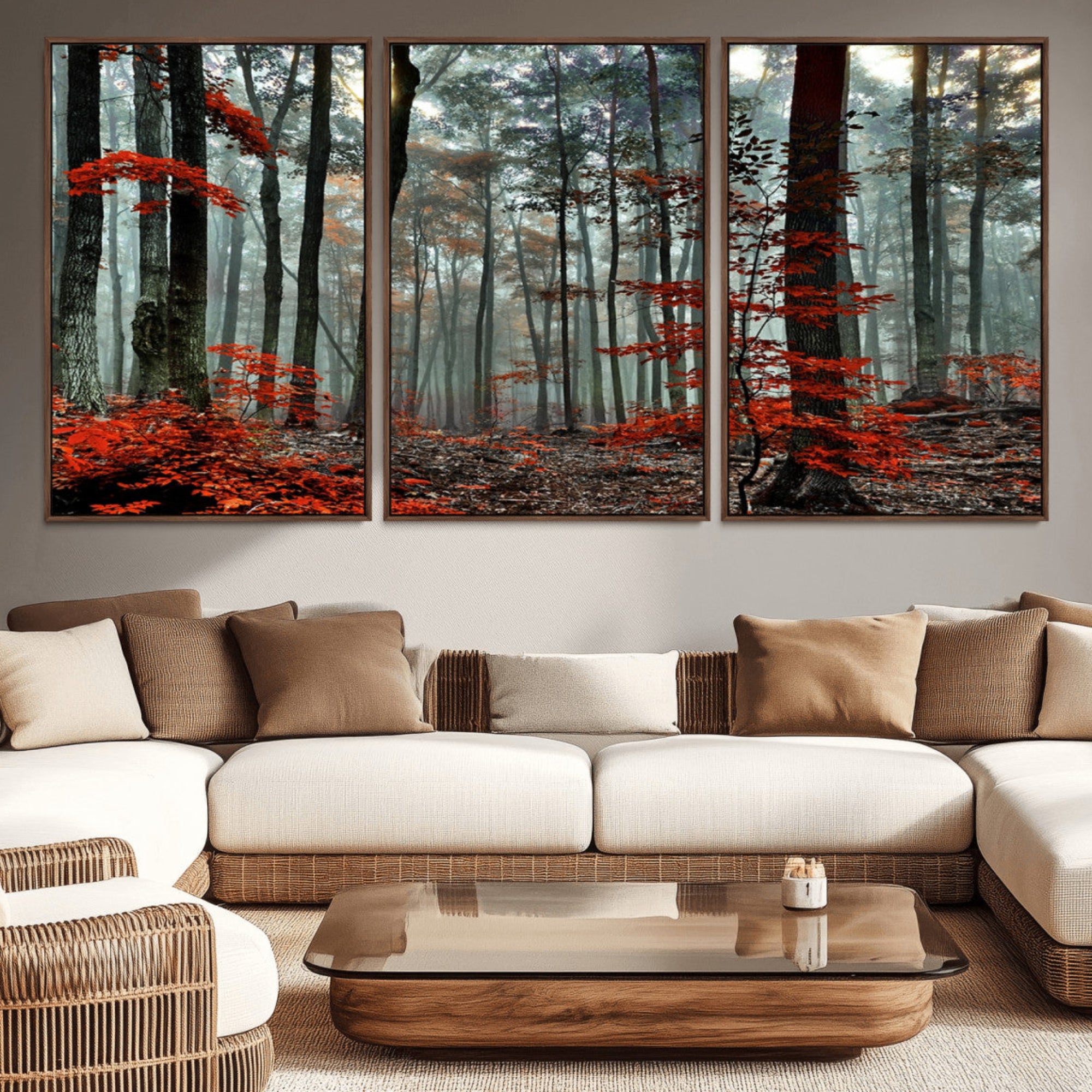 59209-MGV-CV-36X24-Autumn Forest Wall Art – Enchanting Red Leaves Canvas Print, Nature Inspired Fall Landscape Decor for Living Room or Bedroom