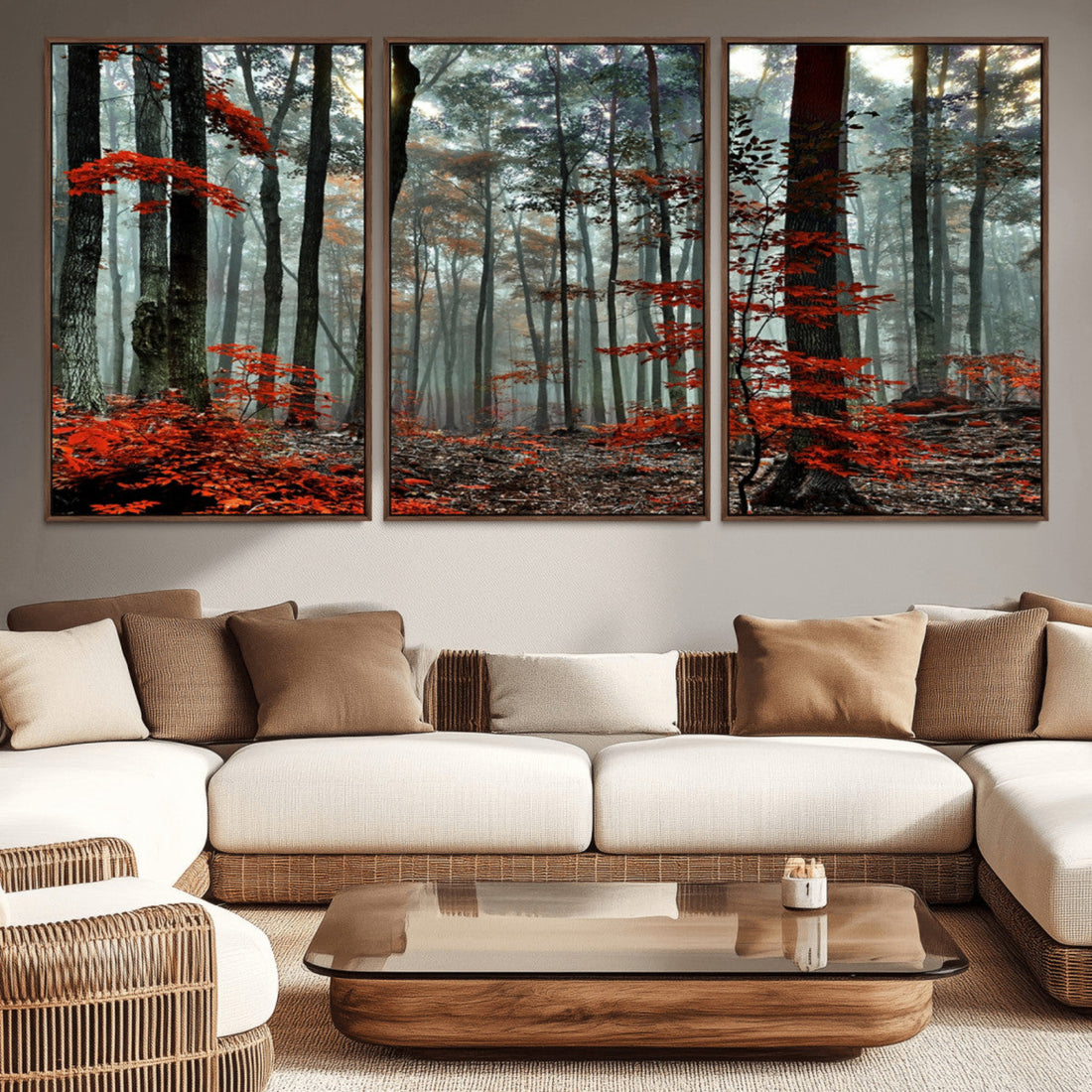 Autumn Forest Wall Art | Enchanting Red Leaves Canvas Print
