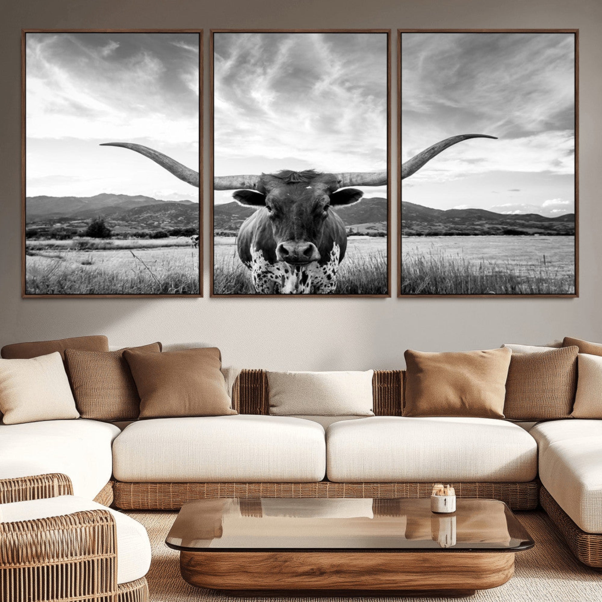 79527-MGV-CV-36X24-Longhorn Black and White Wall Art – Rustic Western Bull Canvas Print, Farmhouse Country Decor for Living Room, Office or Ranch, Cowboy Wall Artwork