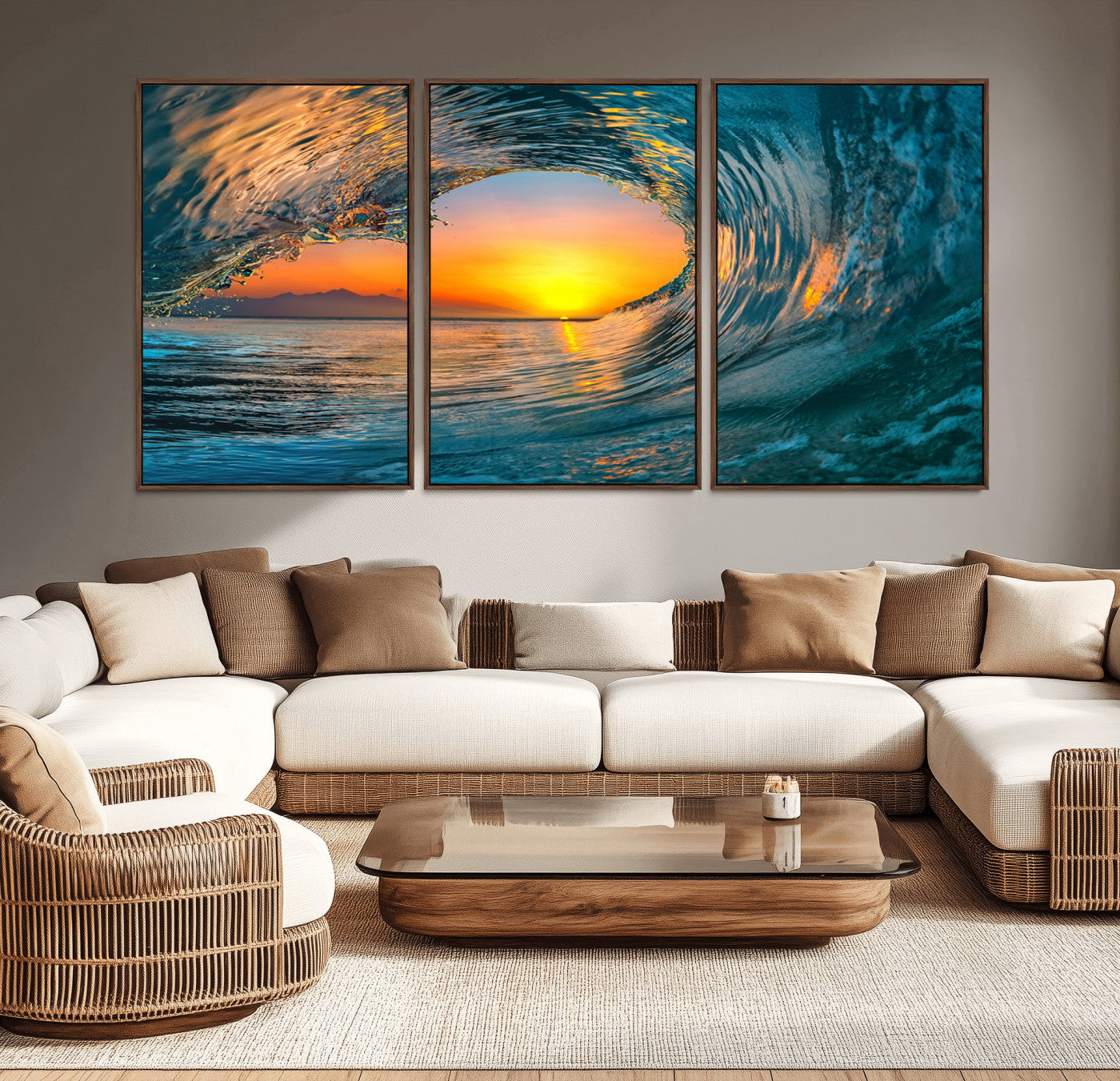 84279-MGV-CV-36X24-Ocean Wave Sunset Wall Art | Large Coastal Wave Canvas Print | 3-Panel Ocean Sunset Seascape for