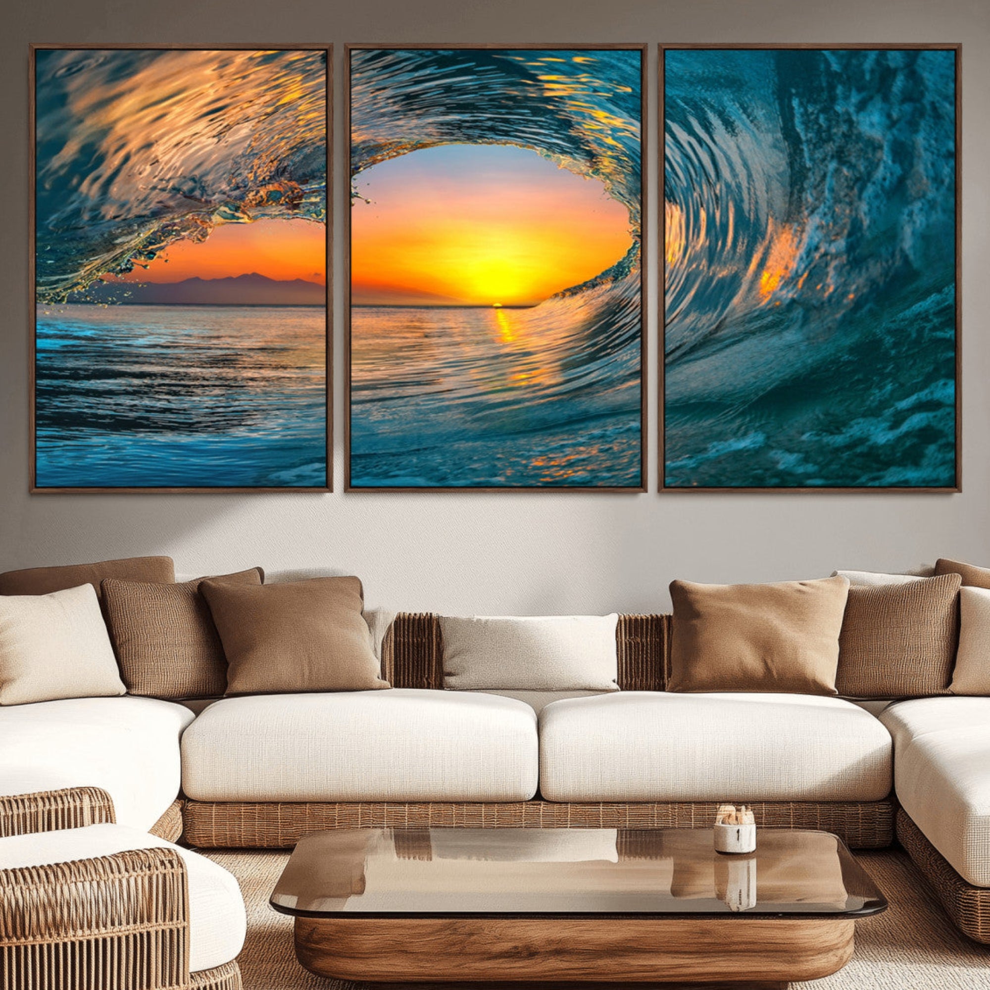 84279-MGV-CV-36X24-Ocean Wave Sunset Wall Art | Large Coastal Wave Canvas Print | 3-Panel Ocean Sunset Seascape for