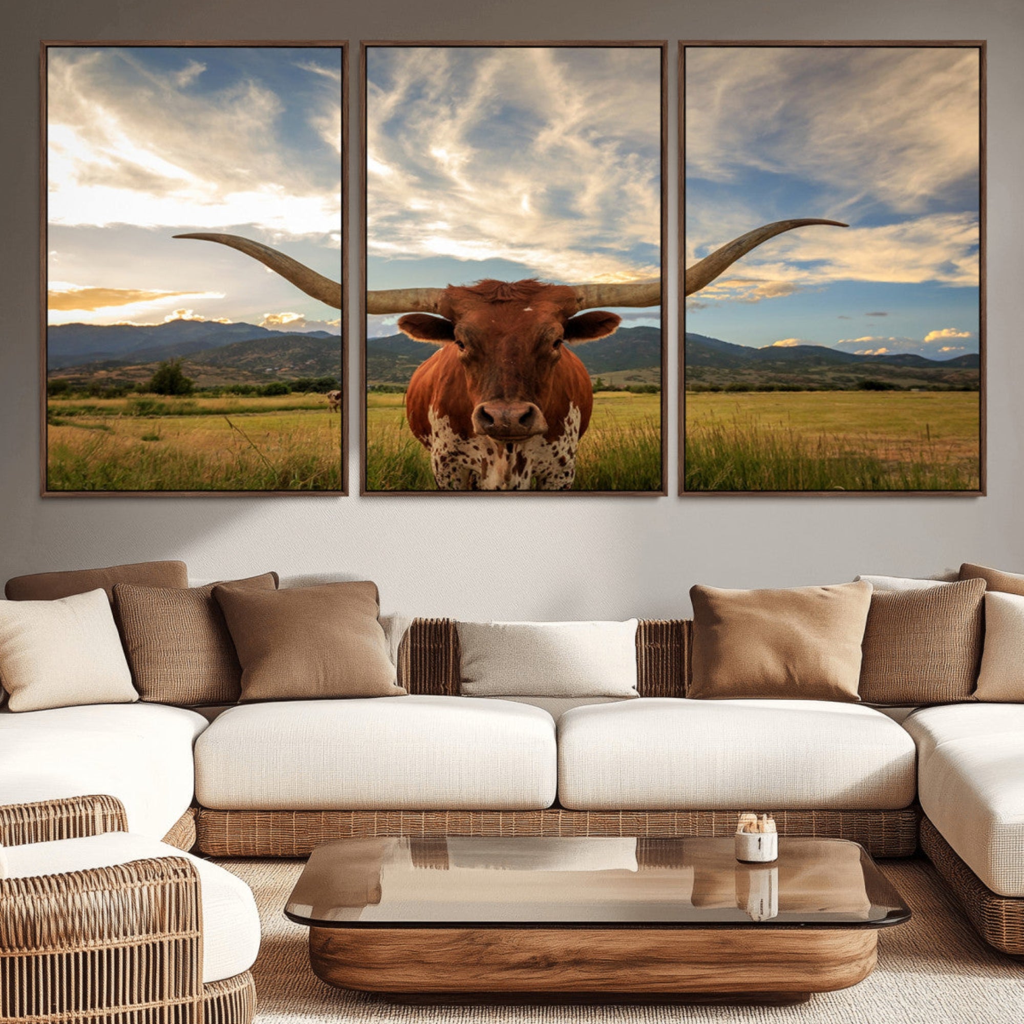 55416-MGV-CV-36X24-Texas Longhorn Canvas Wall Art – Majestic Triptych Animal Print – Rustic Western Decor for Living