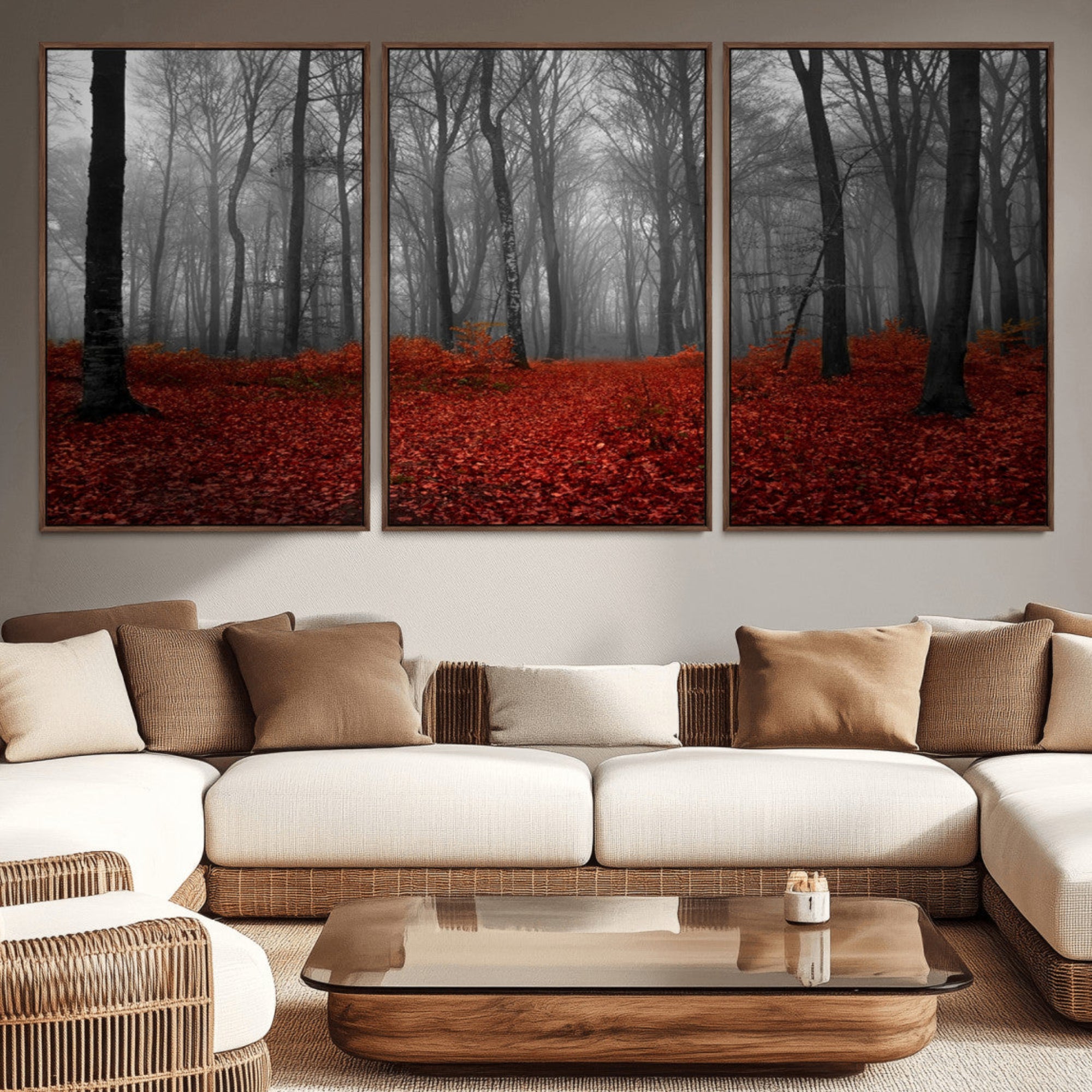 38804-MGV-CV-36X24-Red Forest Floor Canvas Wall Art – Mystical Foggy Woodland Triptych – Nature-Inspired Decor for