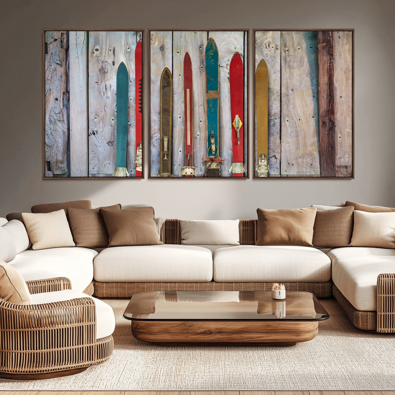 -Vintage Wooden Weathered Ski's in Front of an Old Barn Wall Art Canvas Print for Farmhouse, Cabin
