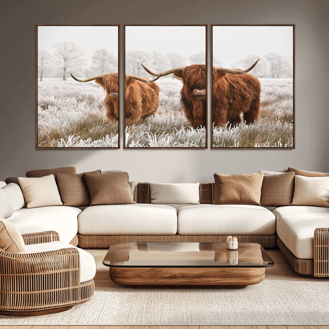 -Longhorn Cattle Wall Art Canvas Print, Framed Farmhouse Style Art Picture Print, Rustic Cow Perfect Rustic Farmhouse Decor Artwork