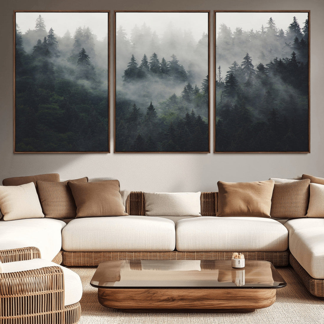 Nature Wall Decor, Misty Forest Canvas Wall Art | Serene Triptych Woodland Landscape Print