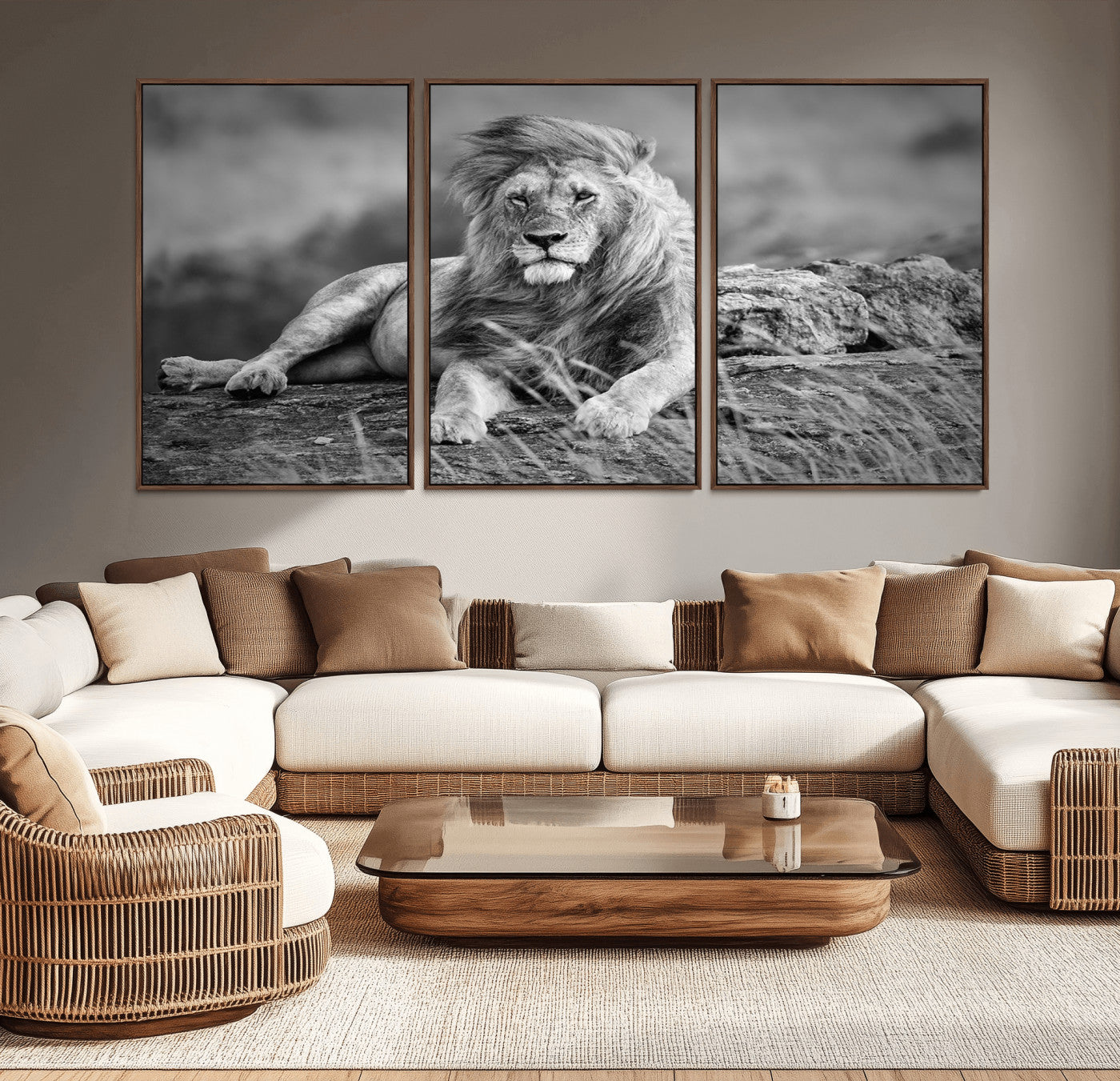 68679-MGV-CV-36X24-King Forest Lion Wall Art Canvas Print – Framed Majestic Wildlife Scene with Regal Lion Artwork for Home, Office