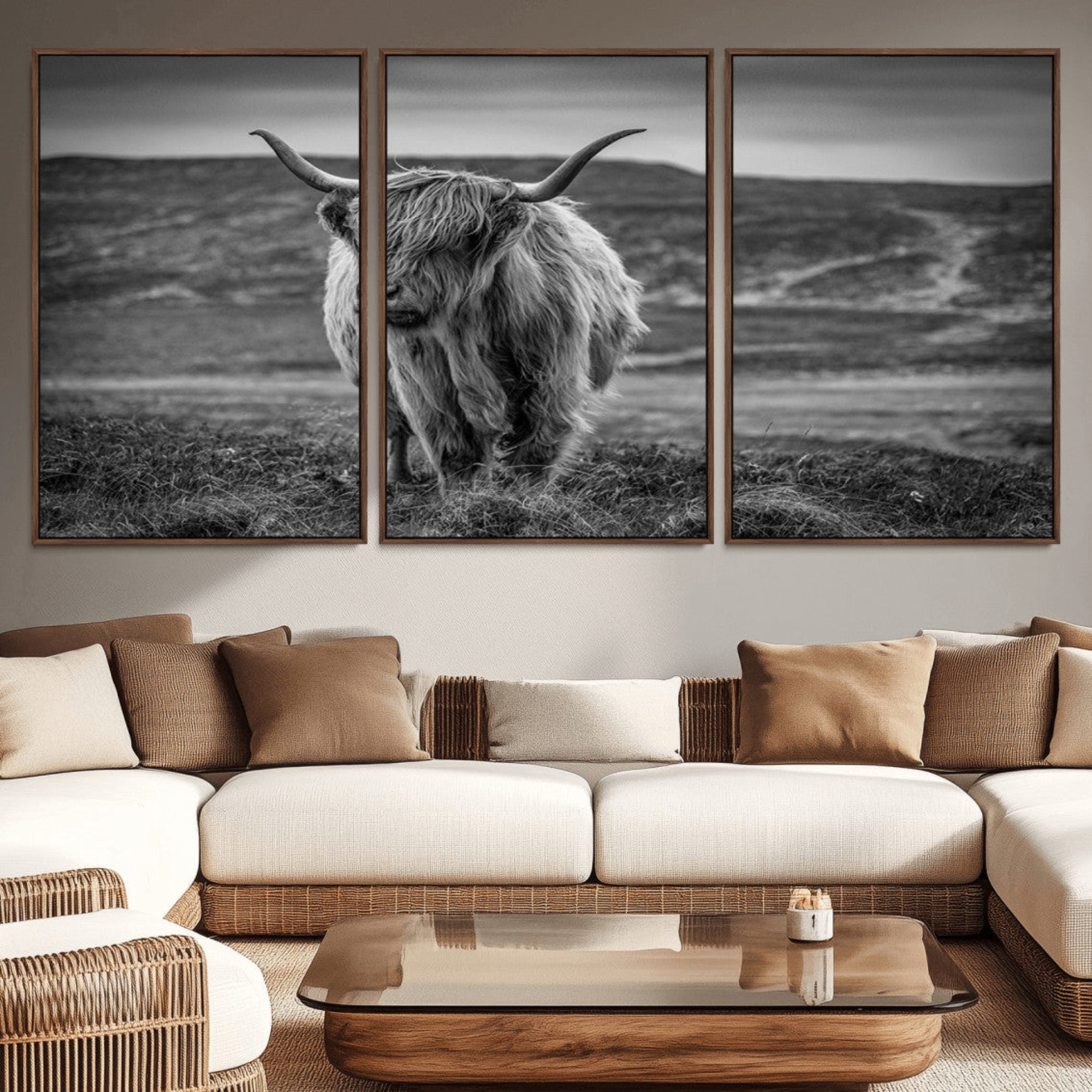 42995-MGV-CV-36X24-Fluffy Cattle Wall Art Print, Highland Cow Canvas, Framed Black and white Wall Art