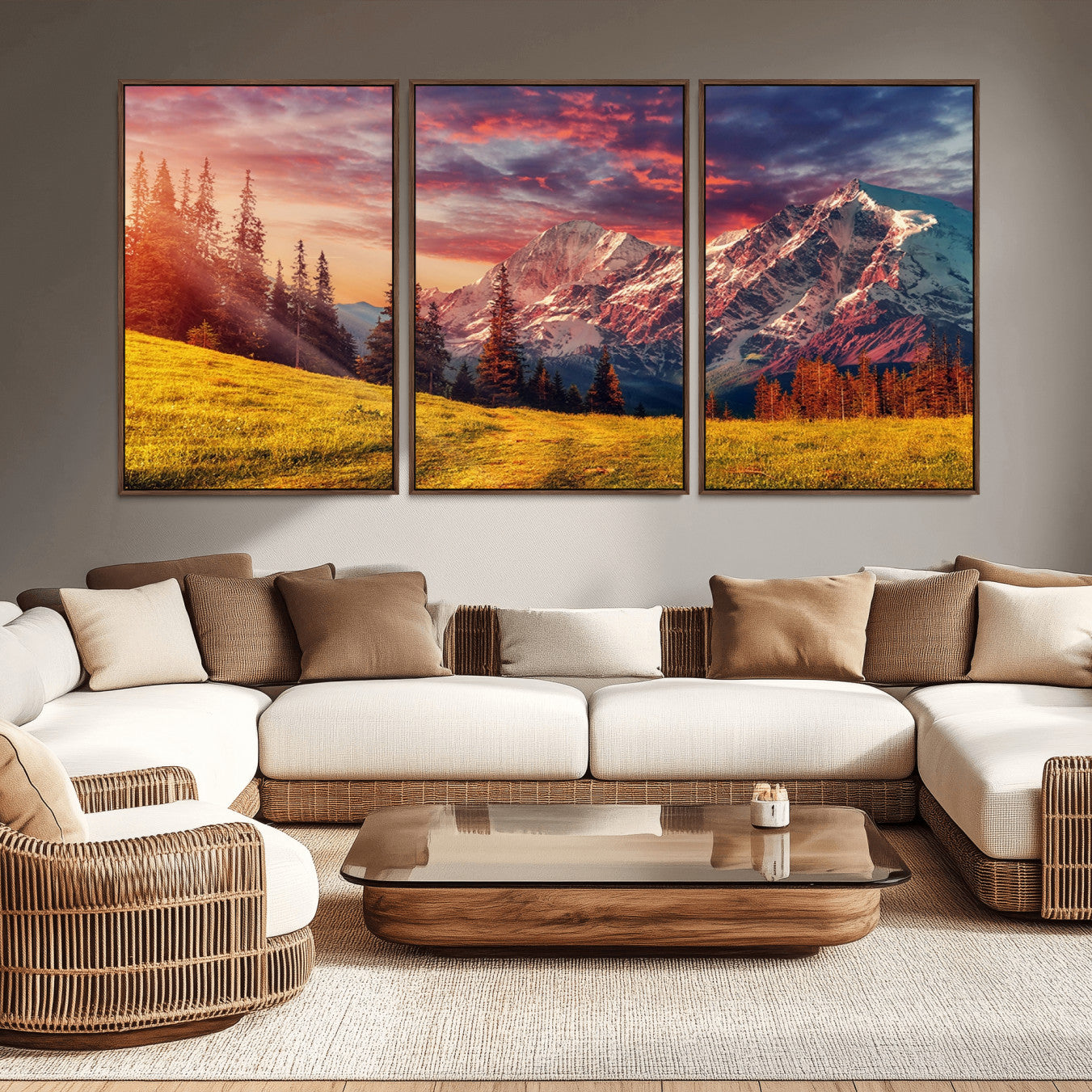-Mountain and Daylight Red Sunset Wall Art Canvas Print