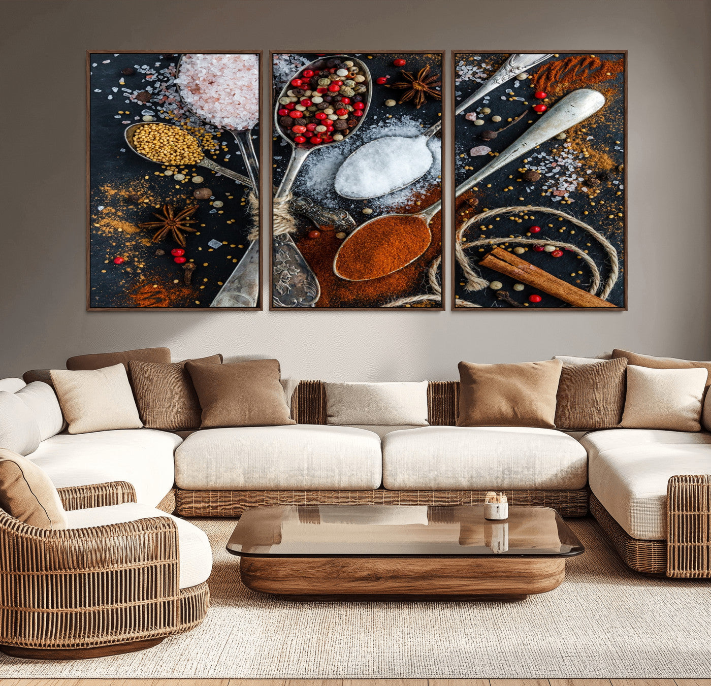-Spices and Seasonings Canvas Wall Art – Colorful Triptych Kitchen Decor – Culinary Art for Dining