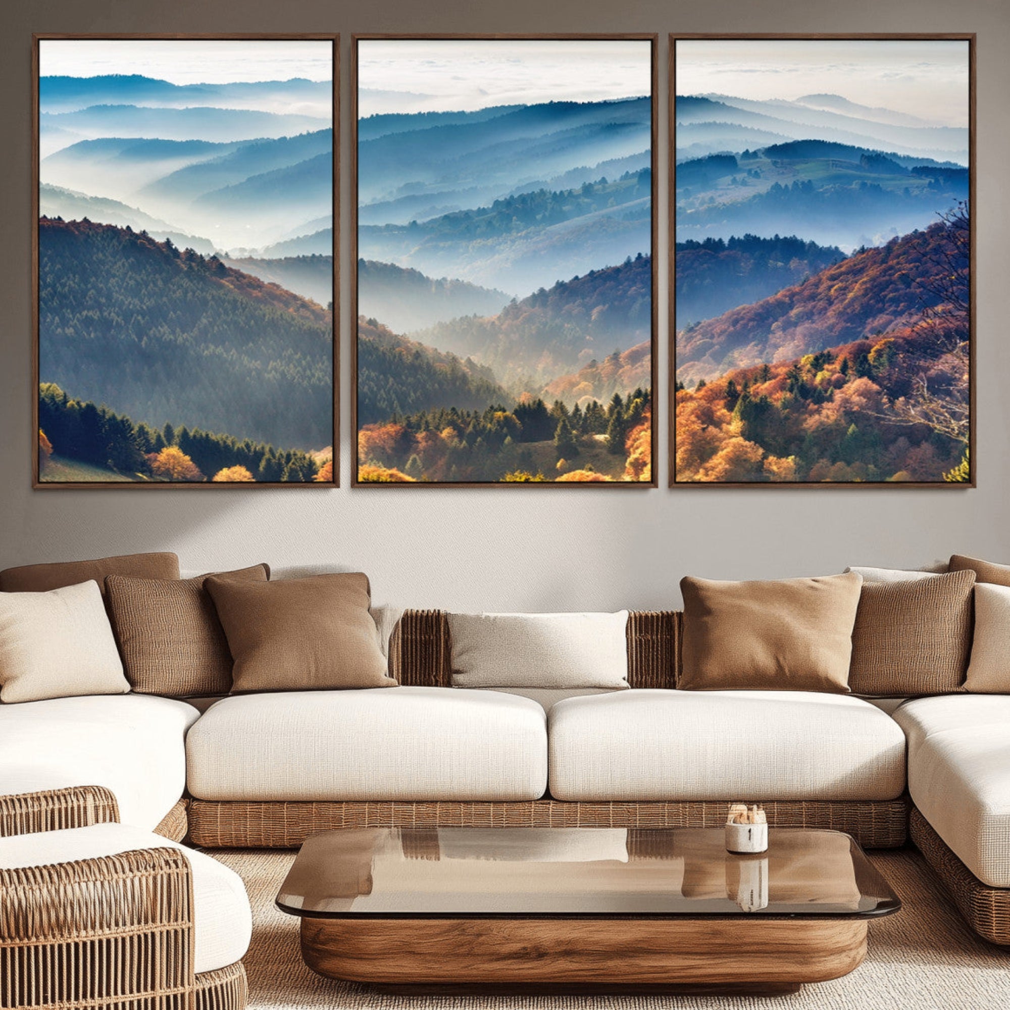 23293-MGV-CV-36X24-Misty Mountain Sunrise Triptych Canvas Print – Autumn Landscape Wall Art – Scenic Nature Decor –