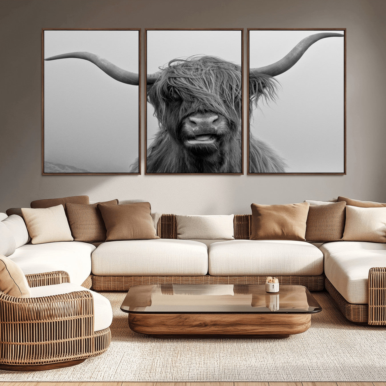 -Texas Cow Wall Art Canvas, Texas Longhorn Cattle Canvas Print