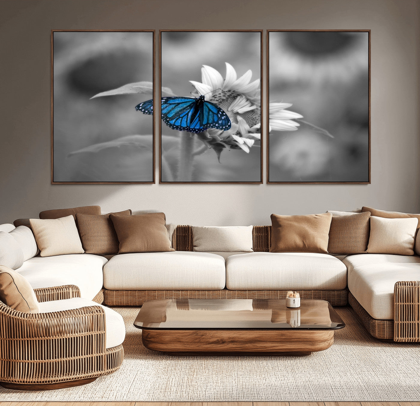 -Blue Butterfly Black and White Canvas Wall Art