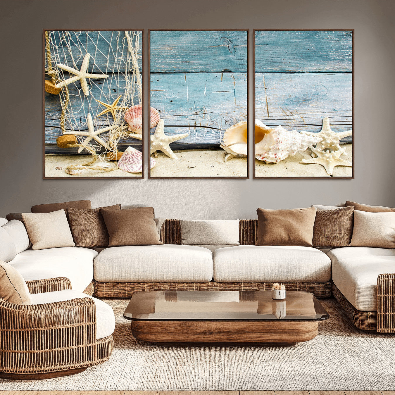 -Seashells on Rustic Wooden Background, Seashells Wall Art Canvas Print