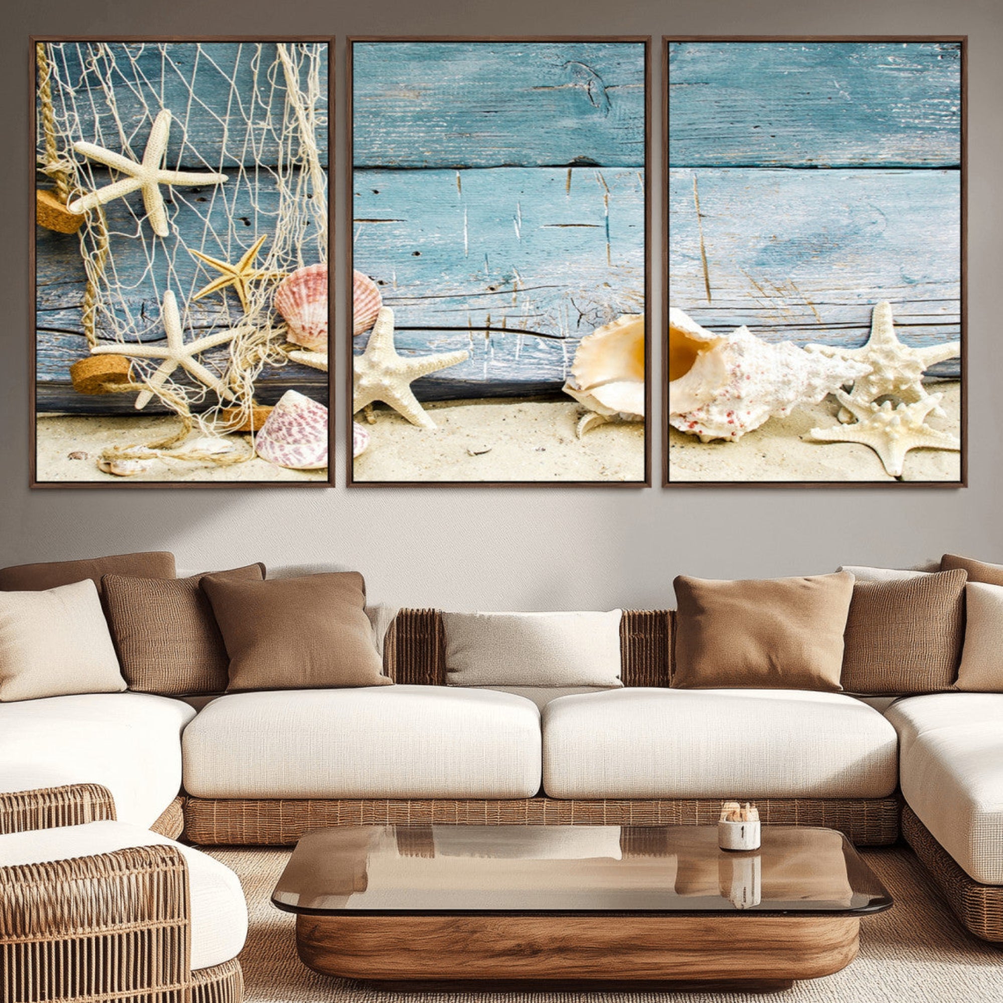 88448-MGV-CV-36X24-Seashells on Rustic Wooden Background, Seashells Wall Art Canvas Print