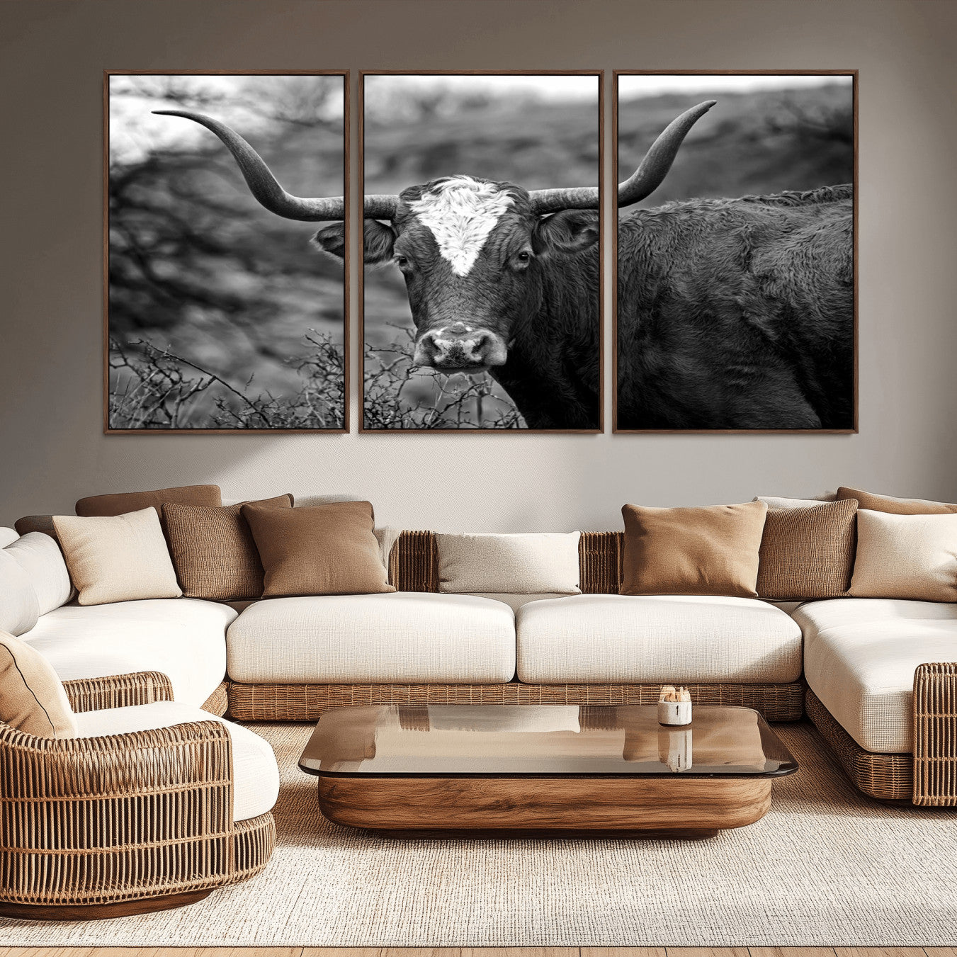 -Western Home Wall Art Canvas Print, Framed Texas Longhorn Art Picture Print, Rustic Cow Perfect Rustic Farmhouse Decor Artwork