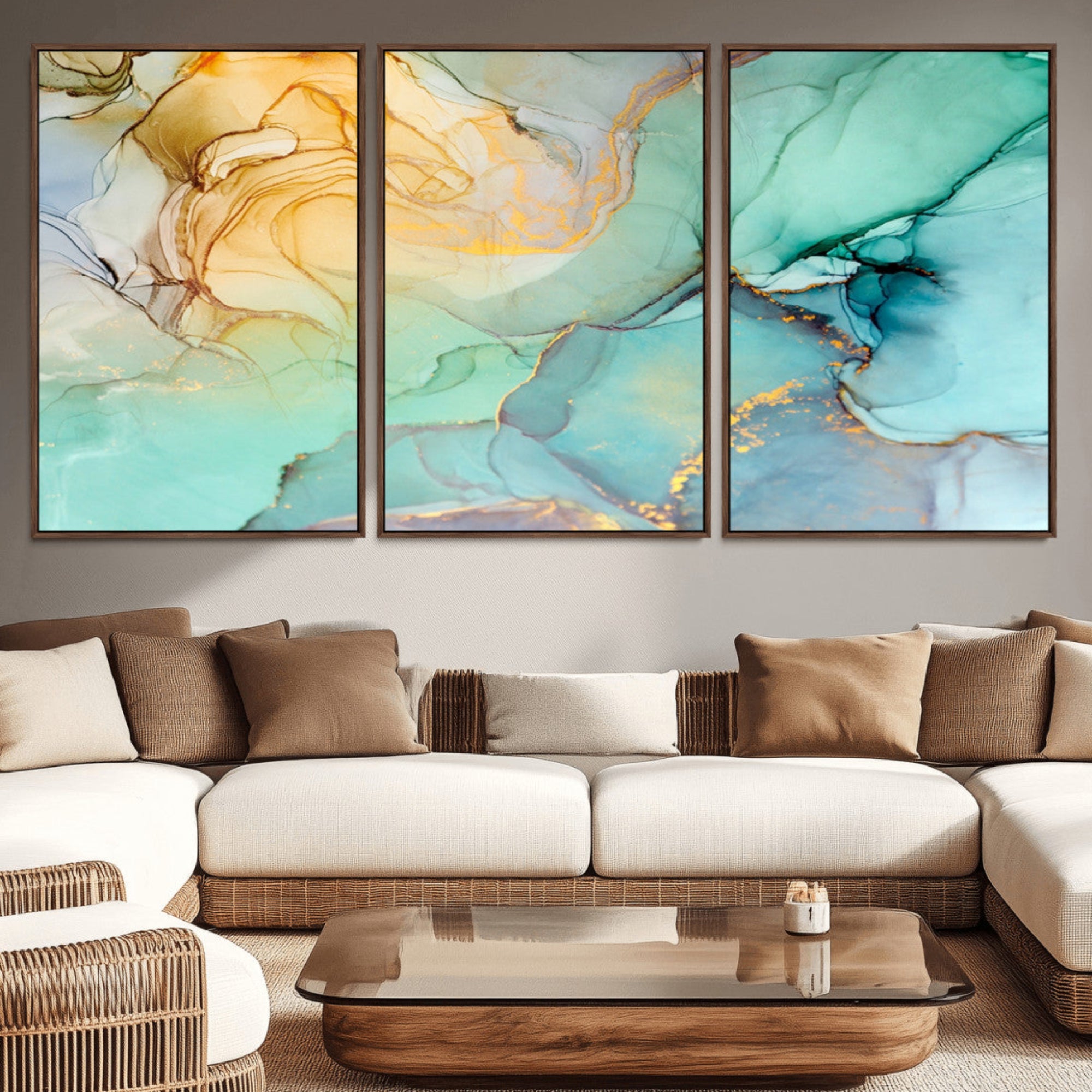 84233-MGV-CV-36X24-Abstract Aqua and Gold Fluid Wall Art Canvas | 3 Panel Large Canvas Print for Living Room, Office,