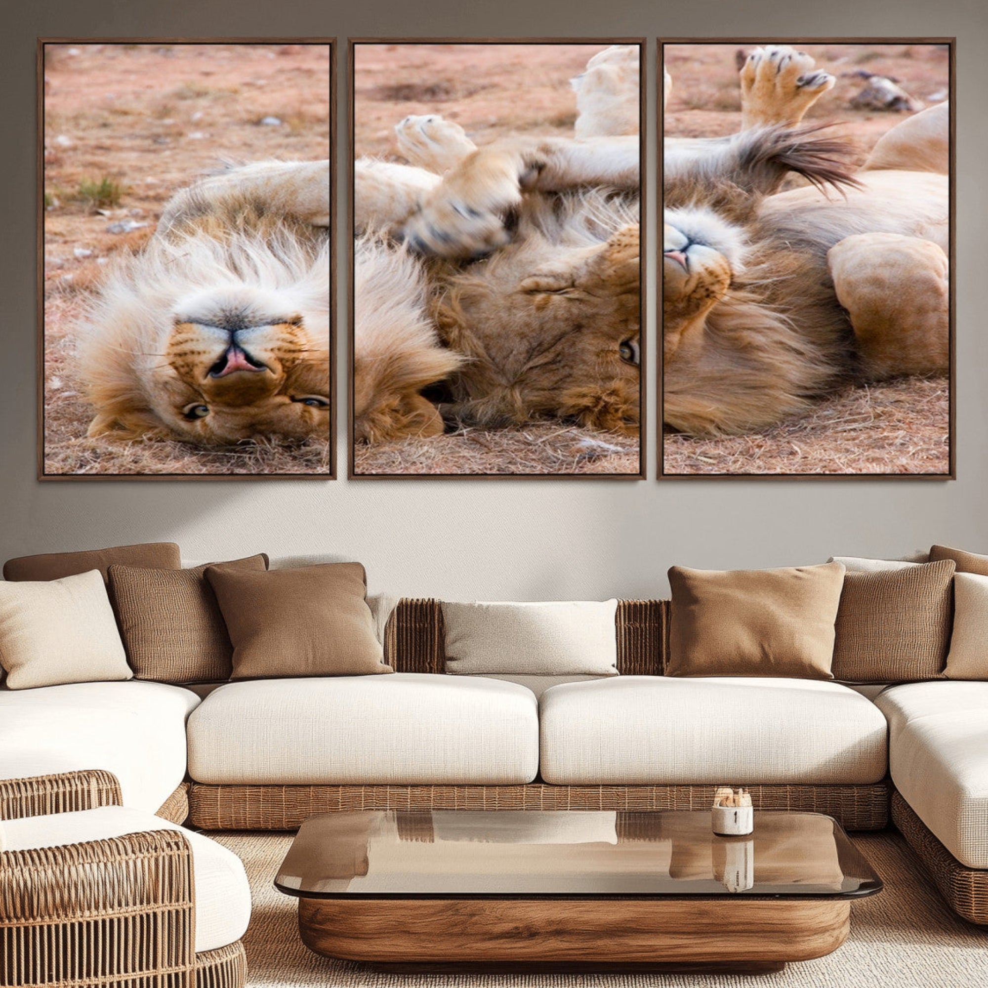 62598-MGV-CV-36X24-Lion Pair Wall Art Canvas Print – Framed Wildlife Scene with Playful Lions Artwork for Home, Office, Living Room