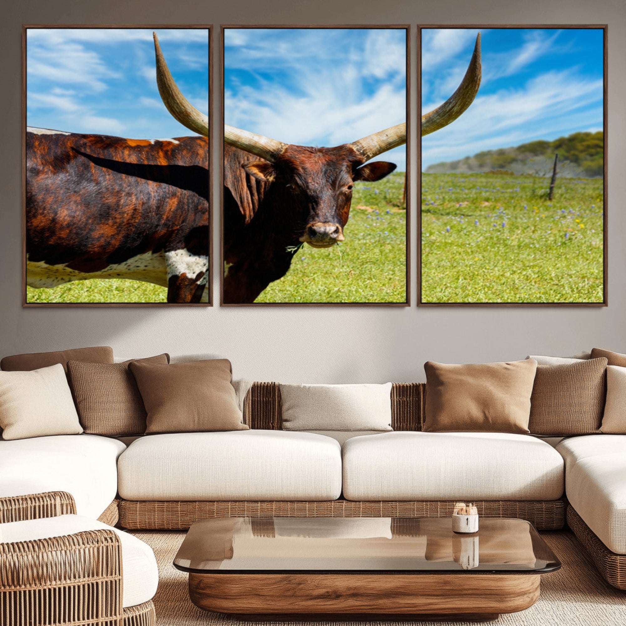 47037-MGV-CV-36X24-Longhorn and Cow Wall Art, Country Cow Wall Decor Canvas Print