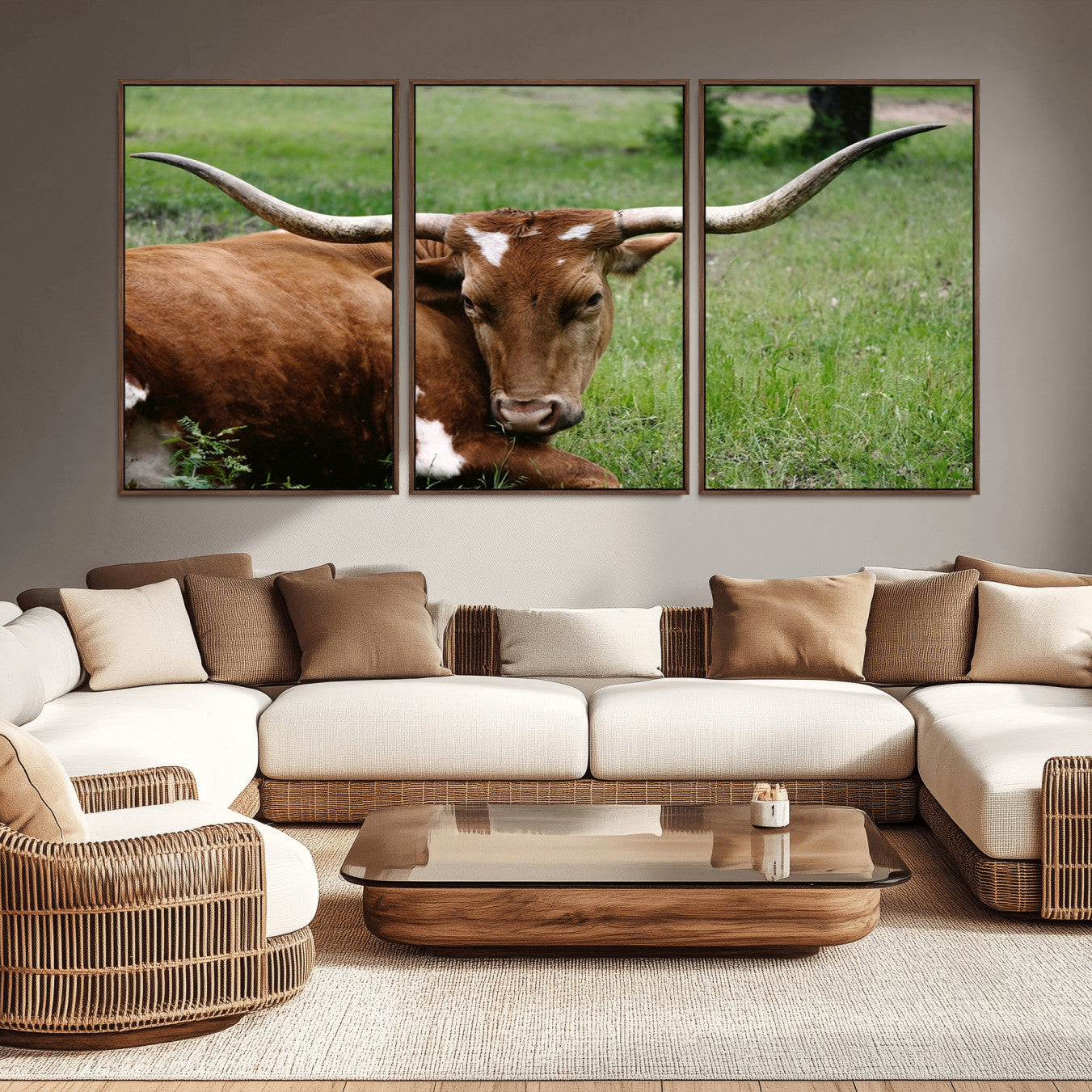 -Longhorn Steer Canvas Wall Art – Rustic Nature Triptych Decor for Living Room or Office – Ready to
