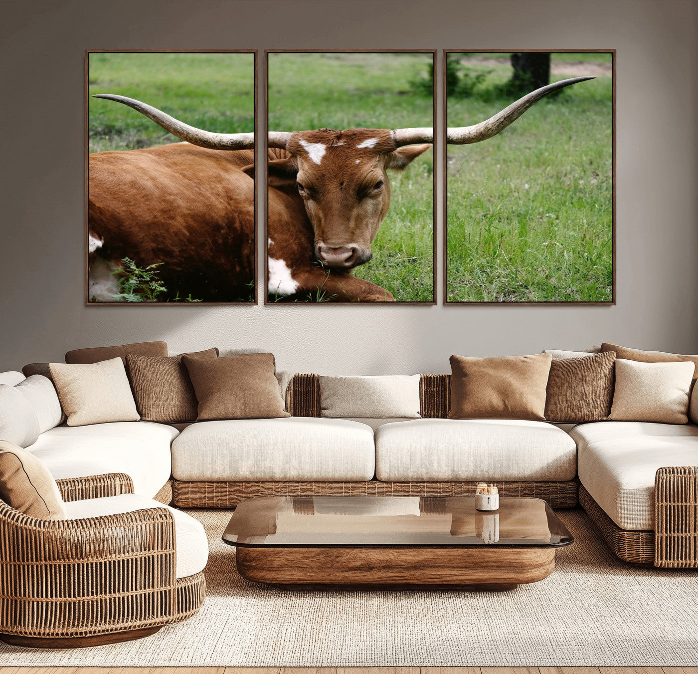 -Longhorn Steer Canvas Wall Art – Rustic Nature Triptych Decor for Living Room or Office – Ready to