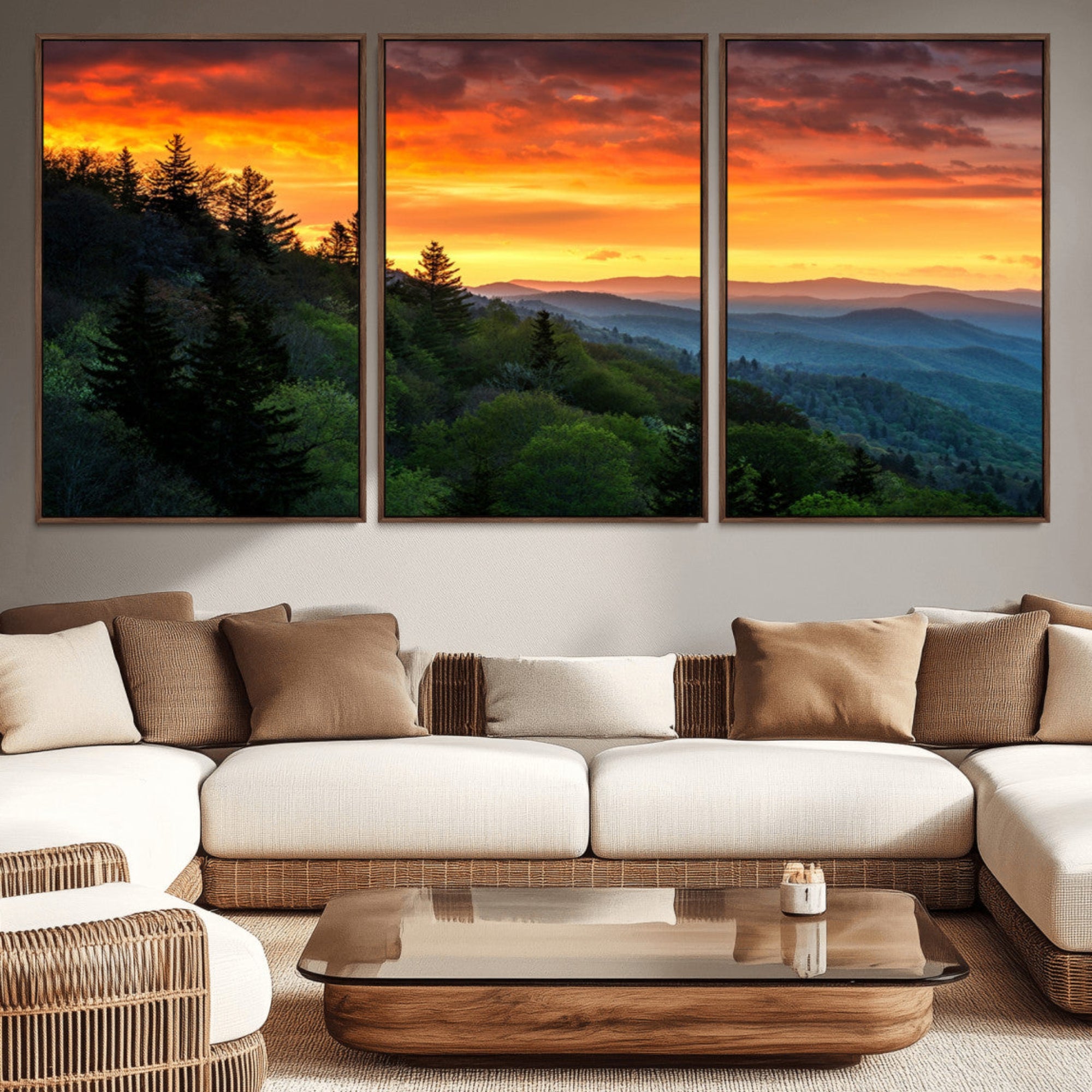 28501-MGV-CV-36X24-Great Smoky Mountains Sunset Wall Art Canvas Print | 3 Panel Large Nature Landscape Photography for