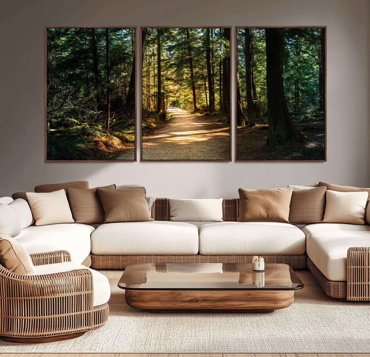 -Sunlit Forest Pathway Canvas Print | 3 Panel Large Nature Wall Art for Living Room, Office, or