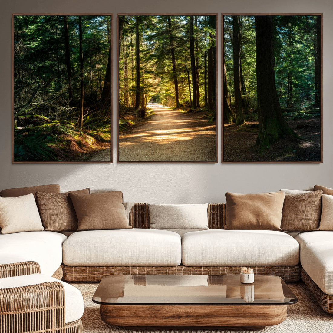 Sunlit Forest Pathway Canvas Print | 3 Panel Large Nature Wall Art